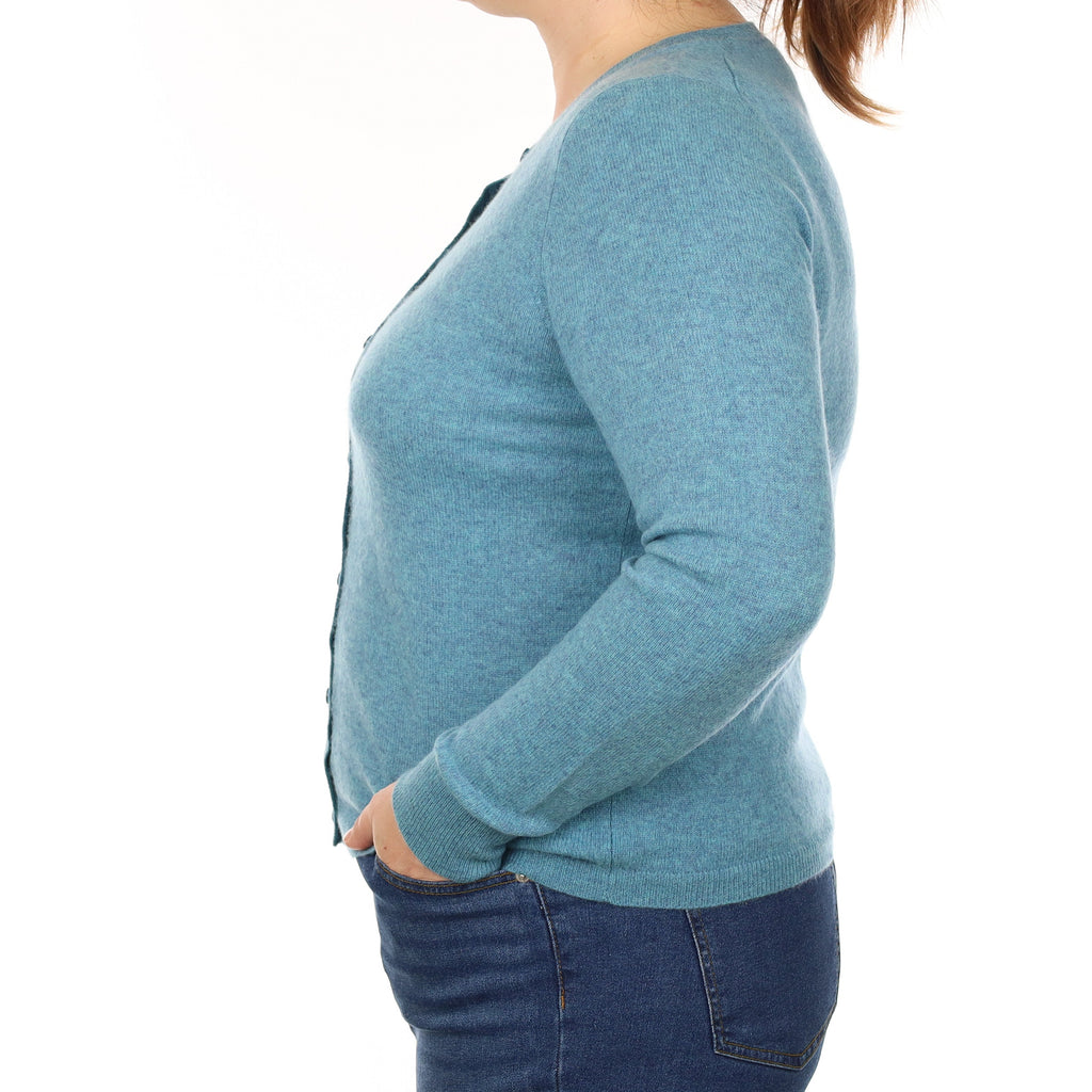 Aqua Blue Marl Cashmere Crew Neck Cardigan Large