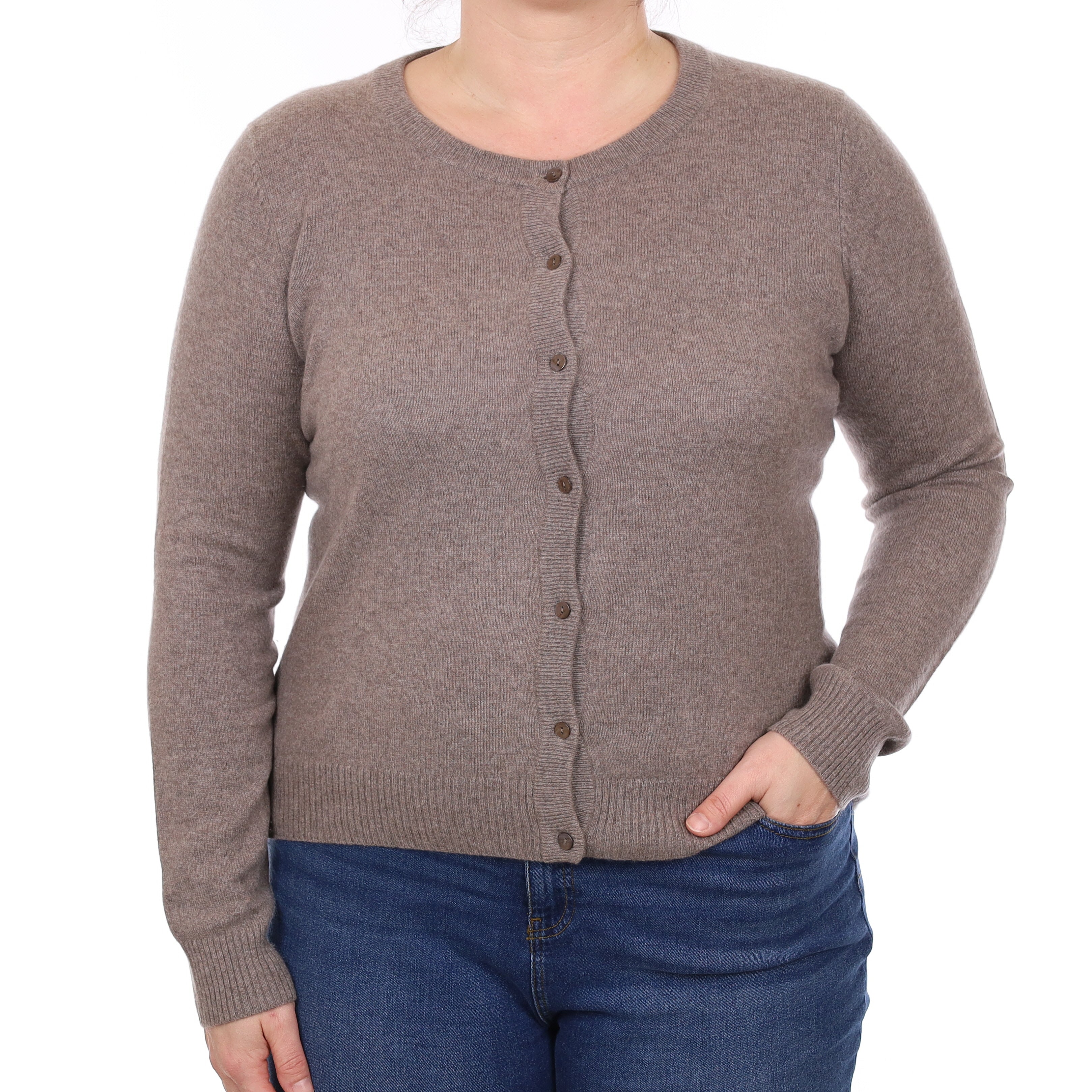 Mink Brown Cashmere Crew Neck Cardigan Large