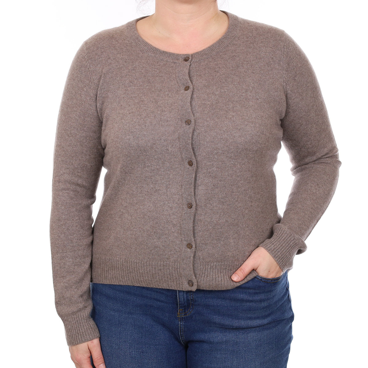 Mink Brown Cashmere Crew Neck Cardigan Large