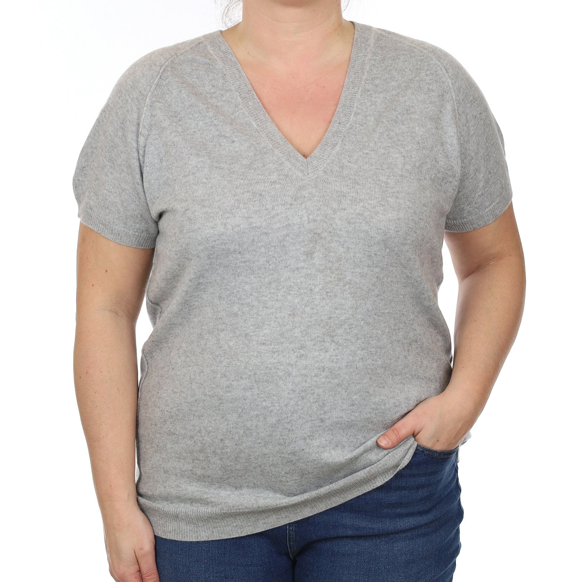 The White Company Grey Cashmere Short Sleeve V Neck Jumper Large