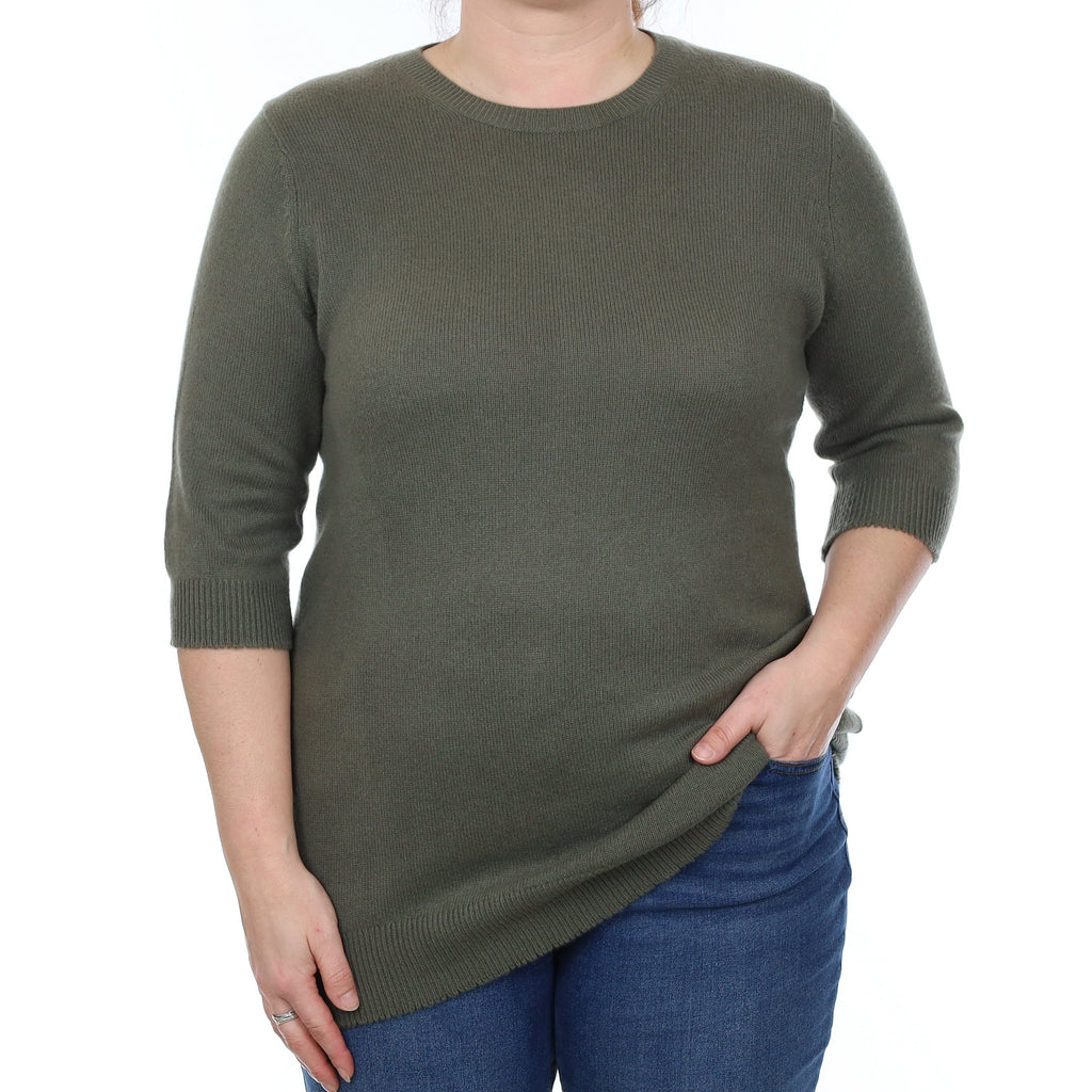 Vince Khaki Green Cashmere 1/2 Sleeve Crew Neck Jumper Large