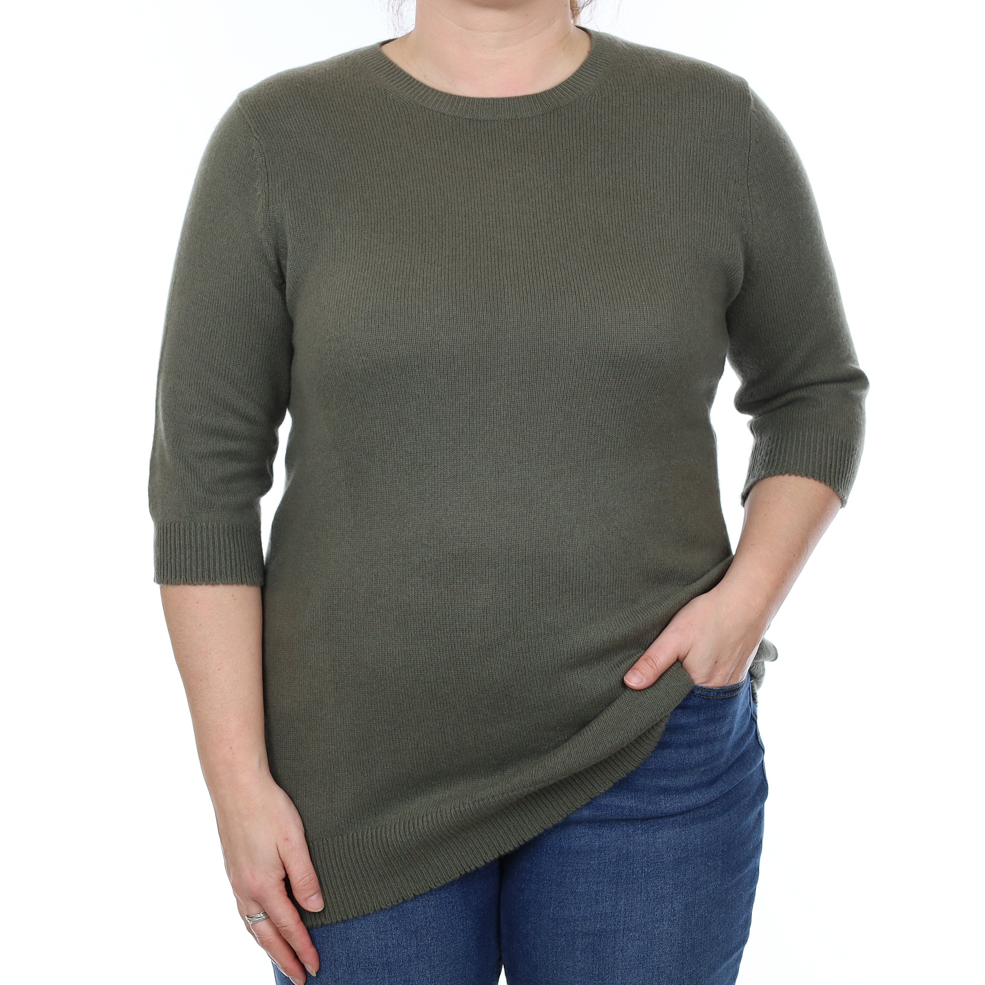 Vince Khaki Green Cashmere 1/2 Sleeve Crew Neck Jumper Large