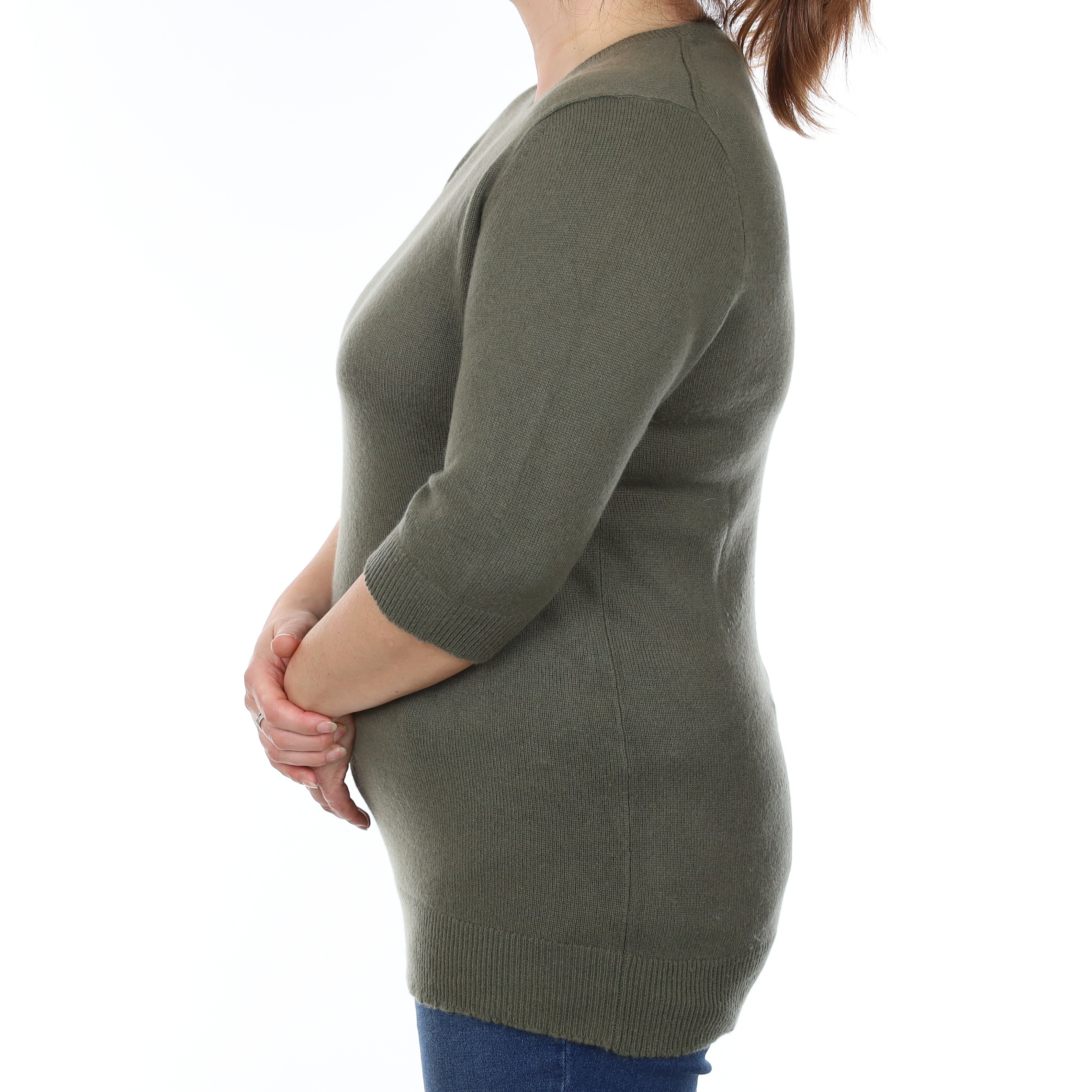 Vince Khaki Green Cashmere 1/2 Sleeve Crew Neck Jumper Large