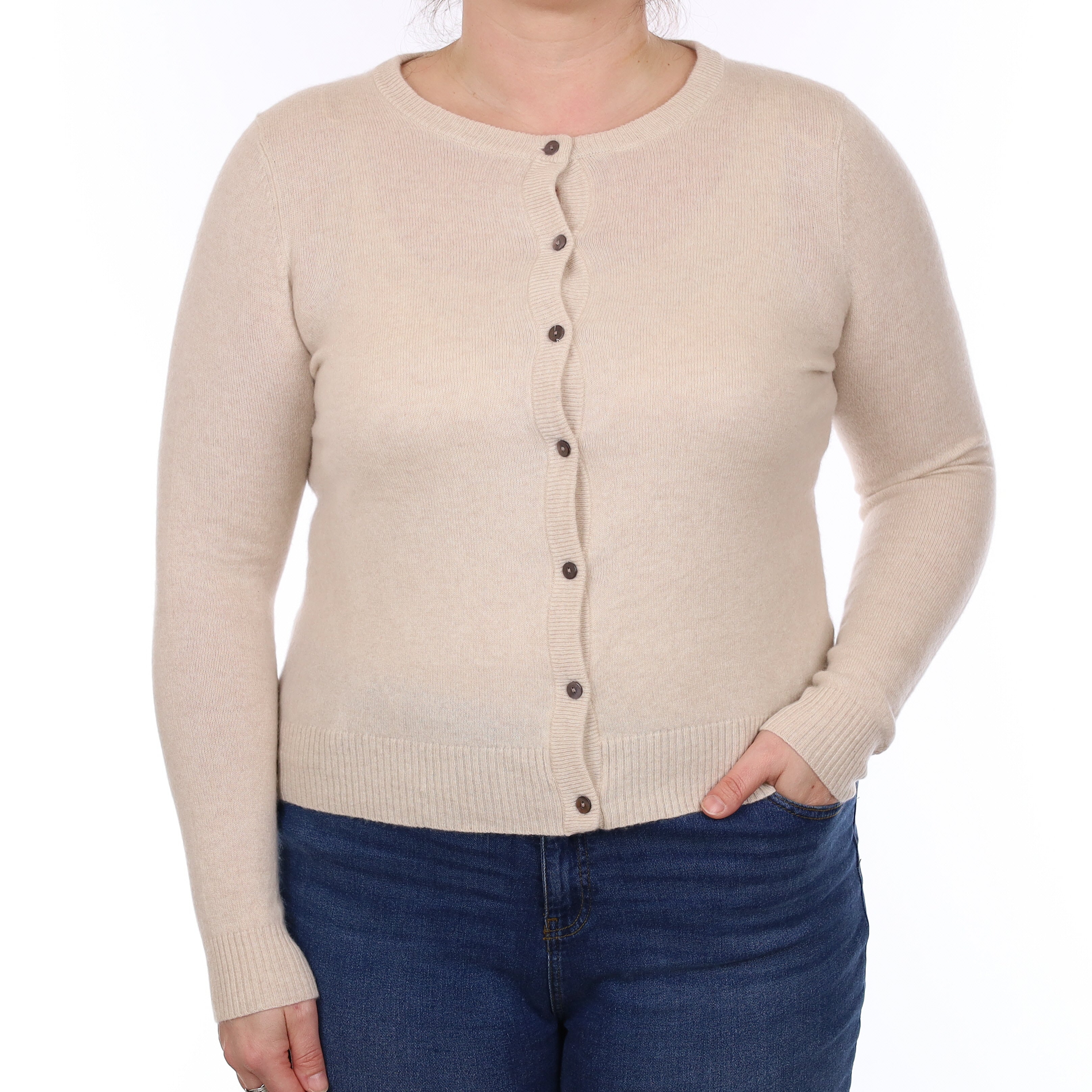 Oatmeal Cashmere Crew Neck Cardigan Large