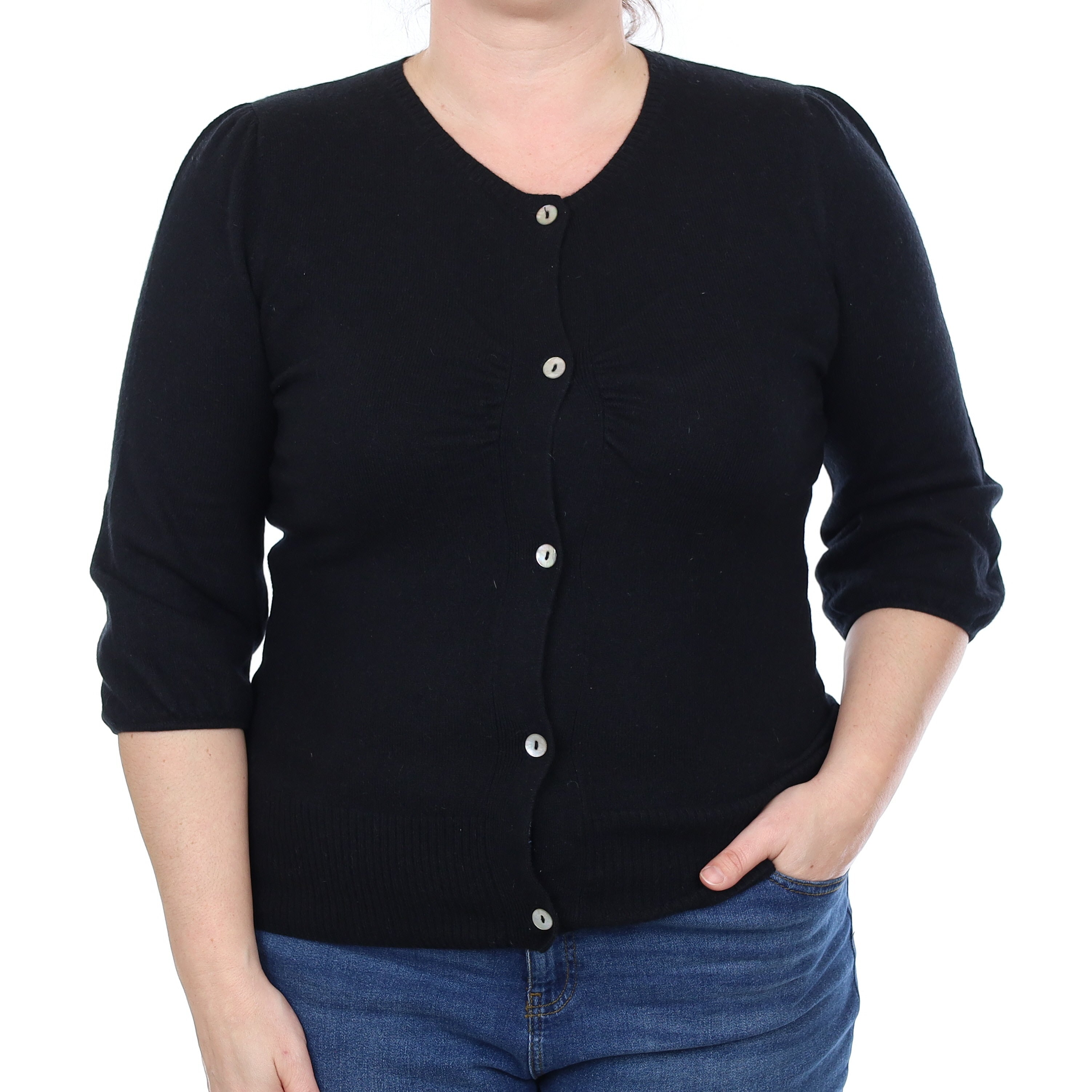 Black Cashmere 3/4 Sleeve Crew Neck Cardigan Large