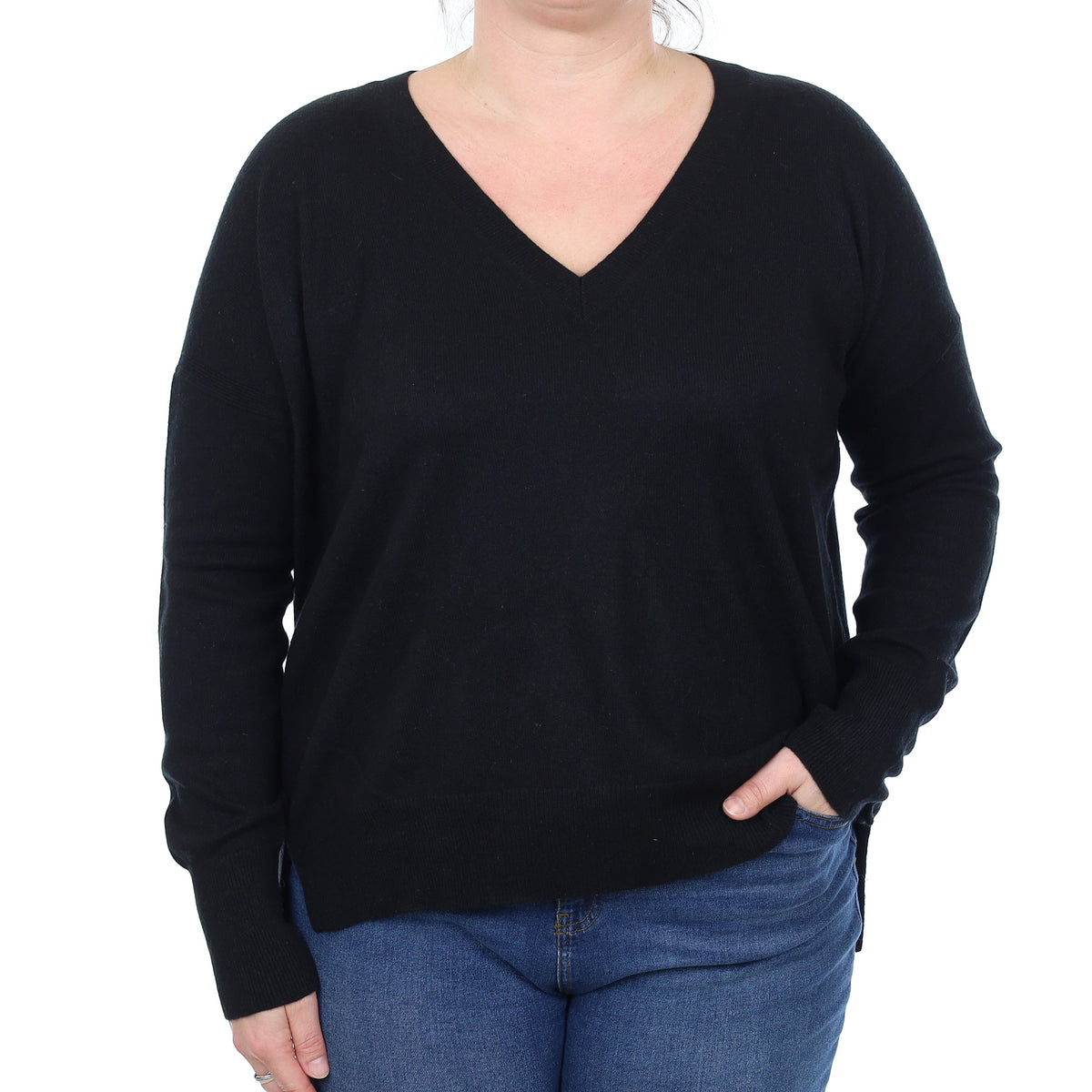 Black Cashmere V Neck Jumper Large