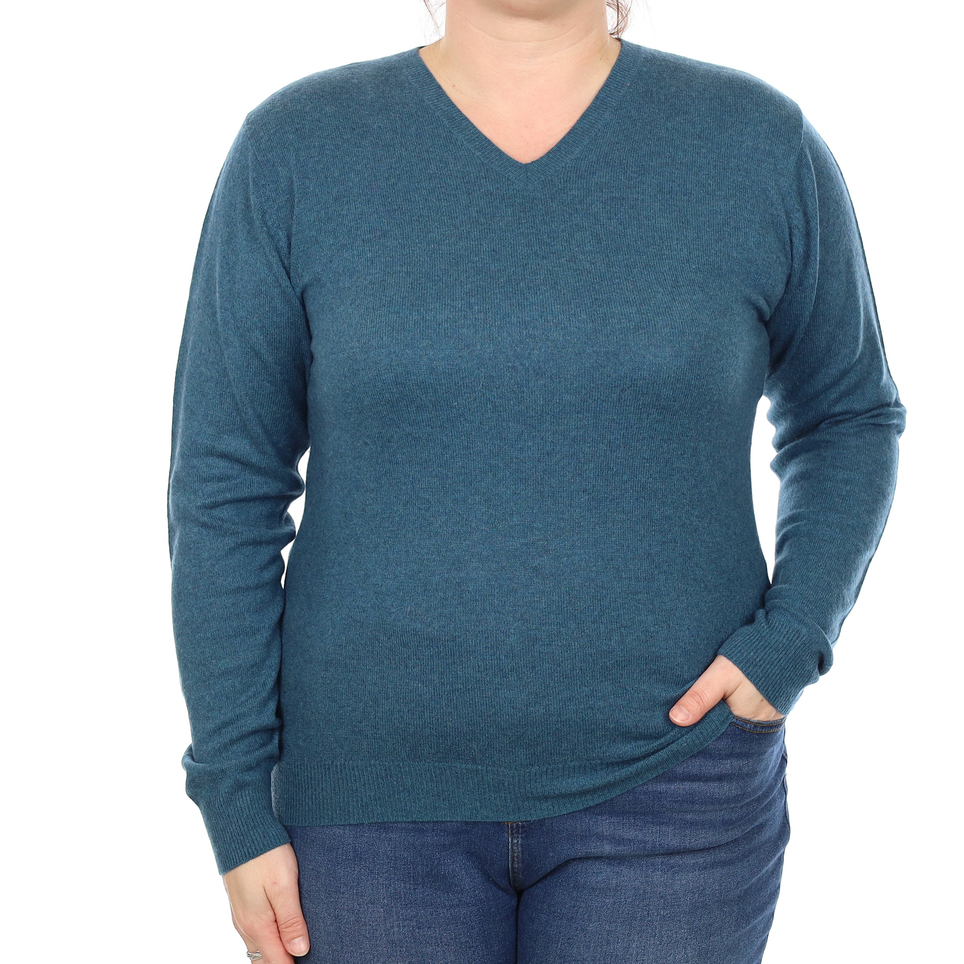 Teal Blue Marl Cashmere V Neck Jumper Large