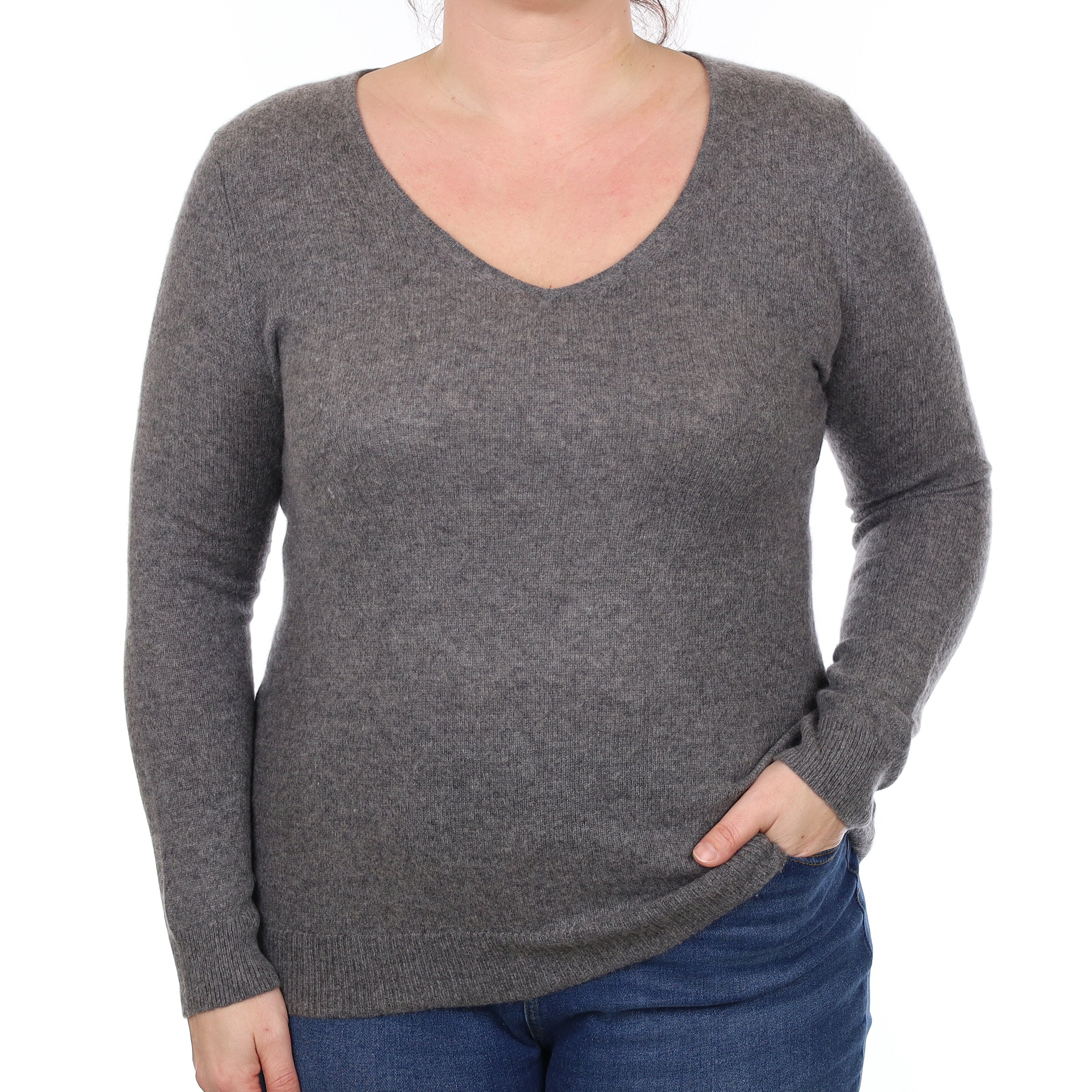Ash Grey Cashmere V Neck Jumper Large
