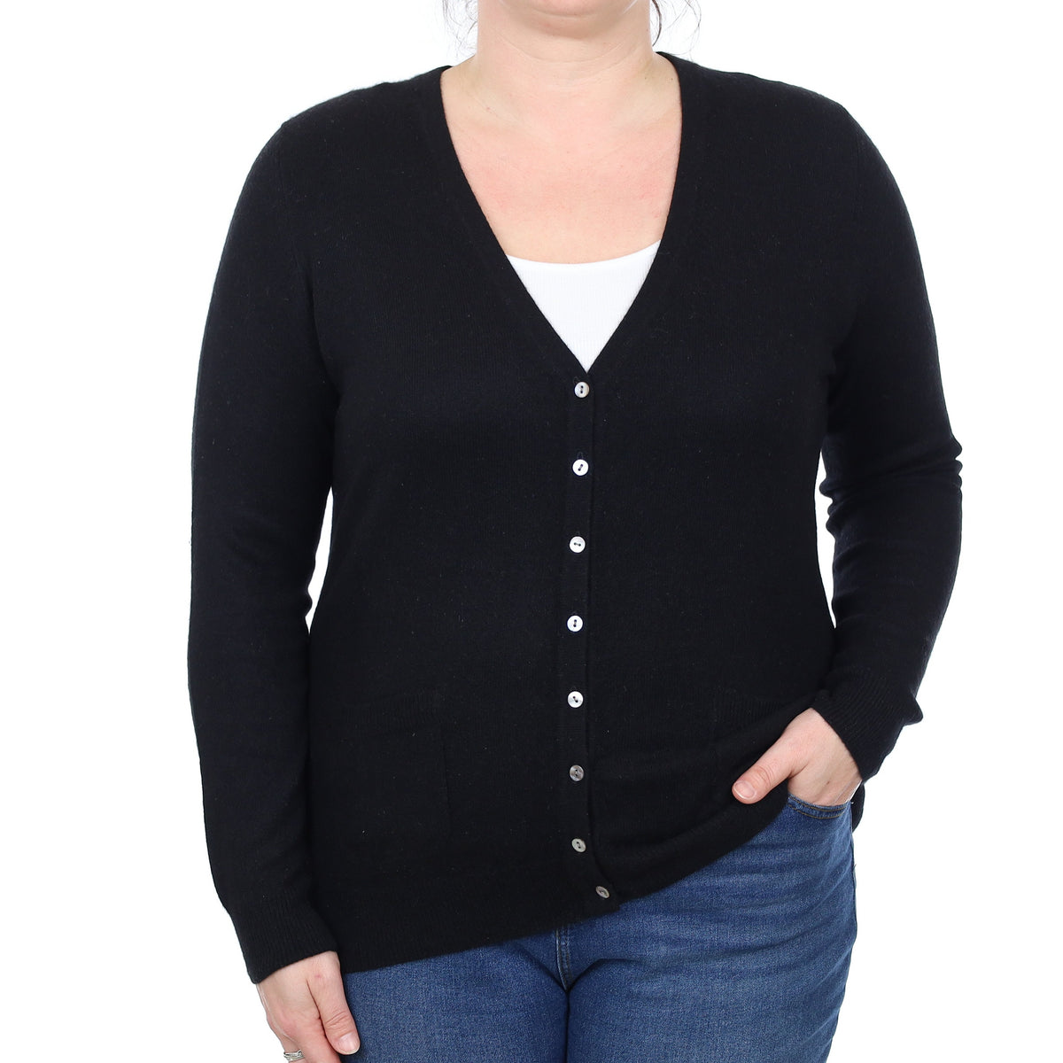 Black Cashmere V Neck Cardigan with Pockets Large