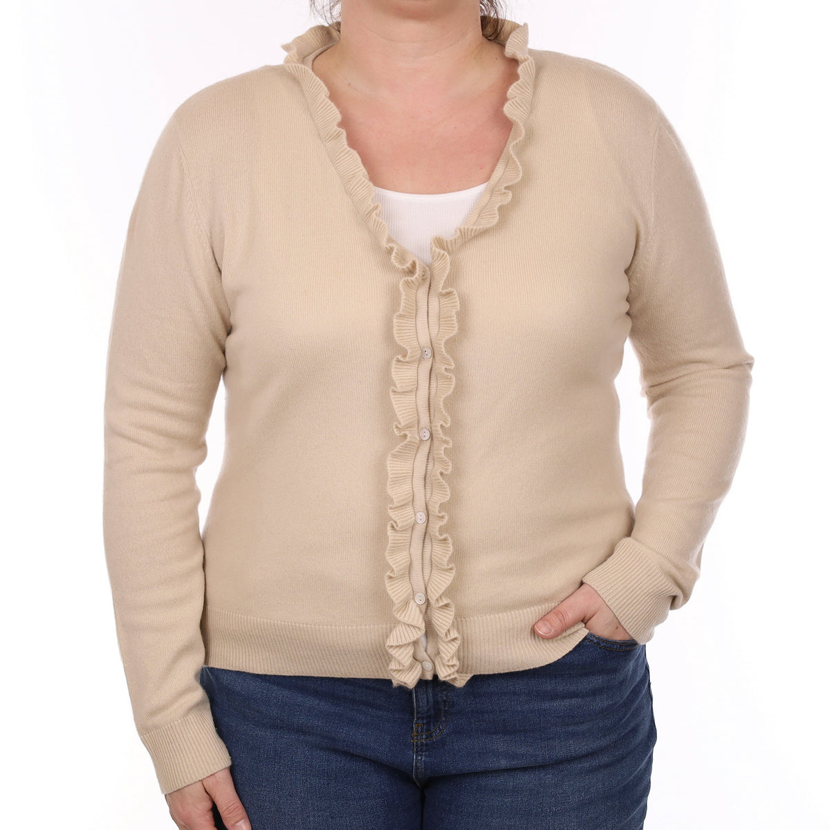 Beige Cashmere Ruffle Edge V Neck Cardigan Large