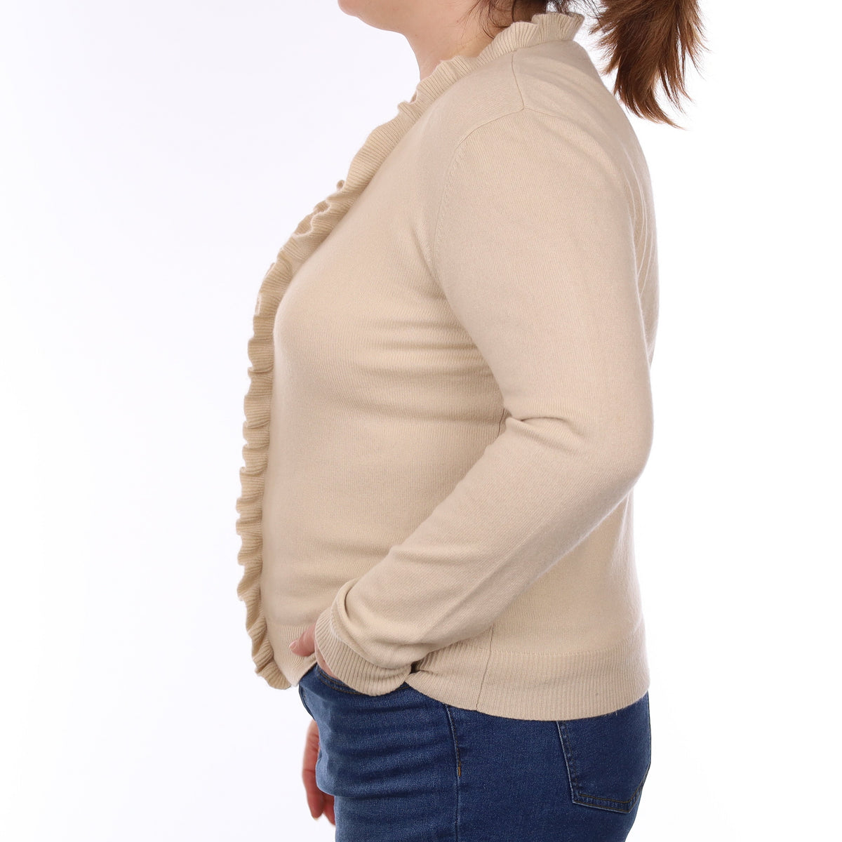 Beige Cashmere Ruffle Edge V Neck Cardigan Large