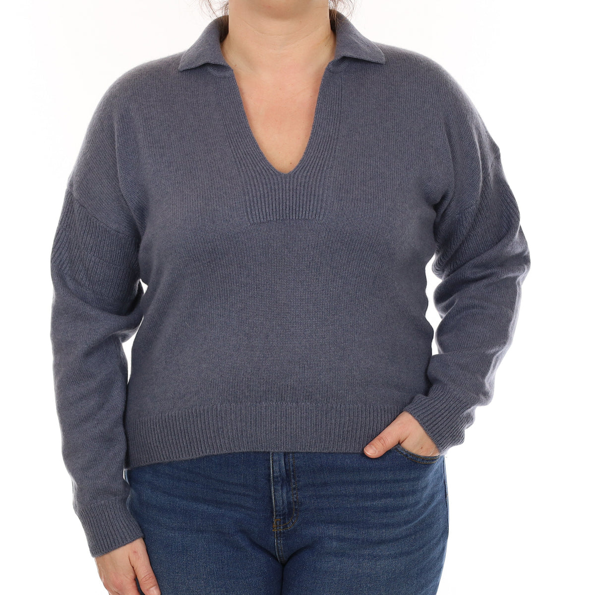 Shadow Blue Heavy Knit Cashmere Collared V Neck Jumper Large