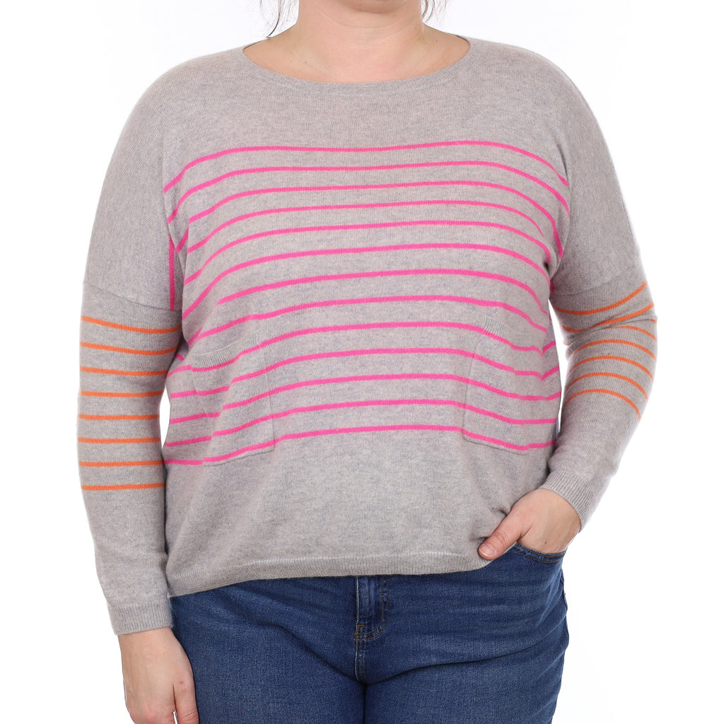 Cocoa Cashmere Grey and Pink Stripe Cashmere Crew Neck Jumper Large