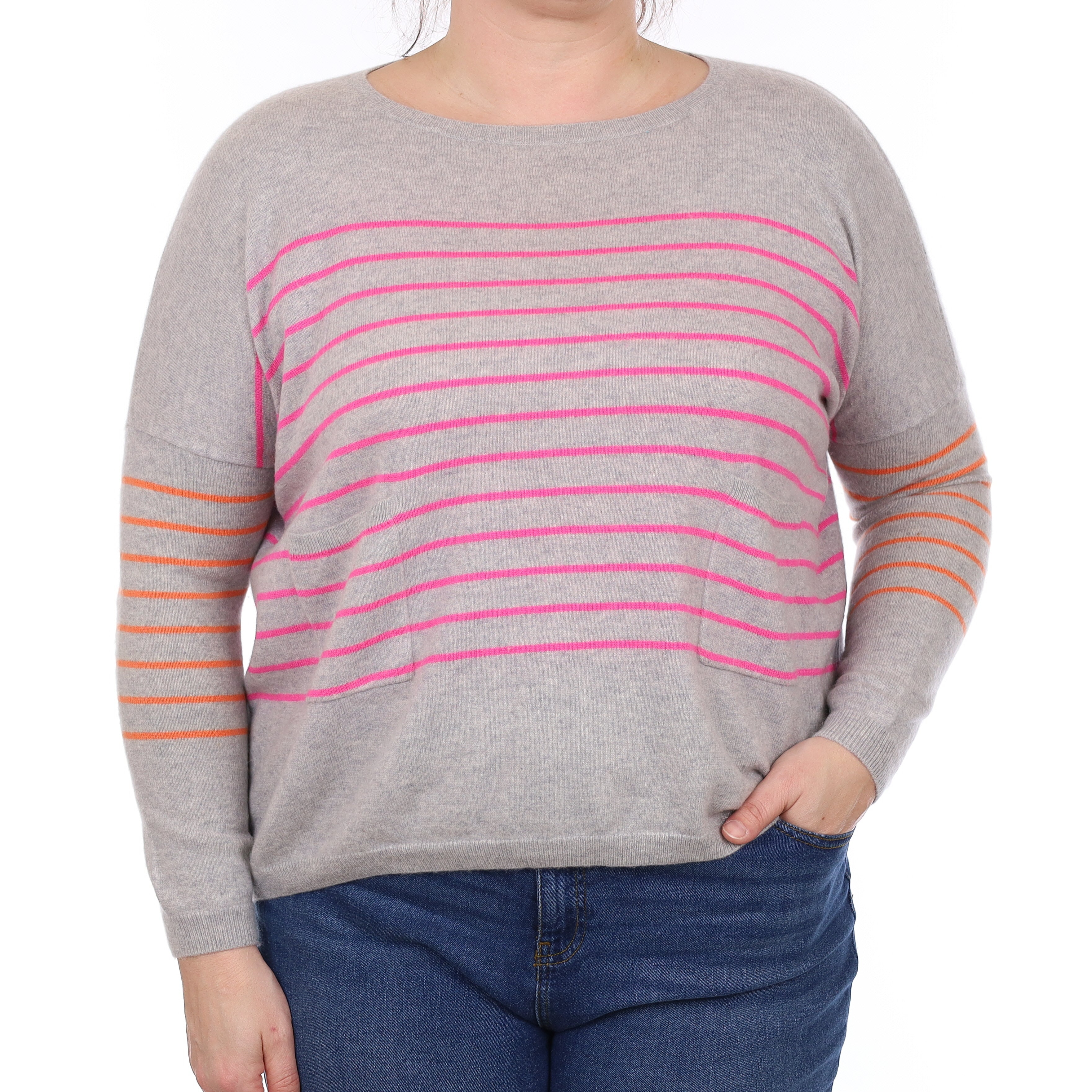 Cocoa Cashmere Grey and Pink Stripe Cashmere Crew Neck Jumper Large