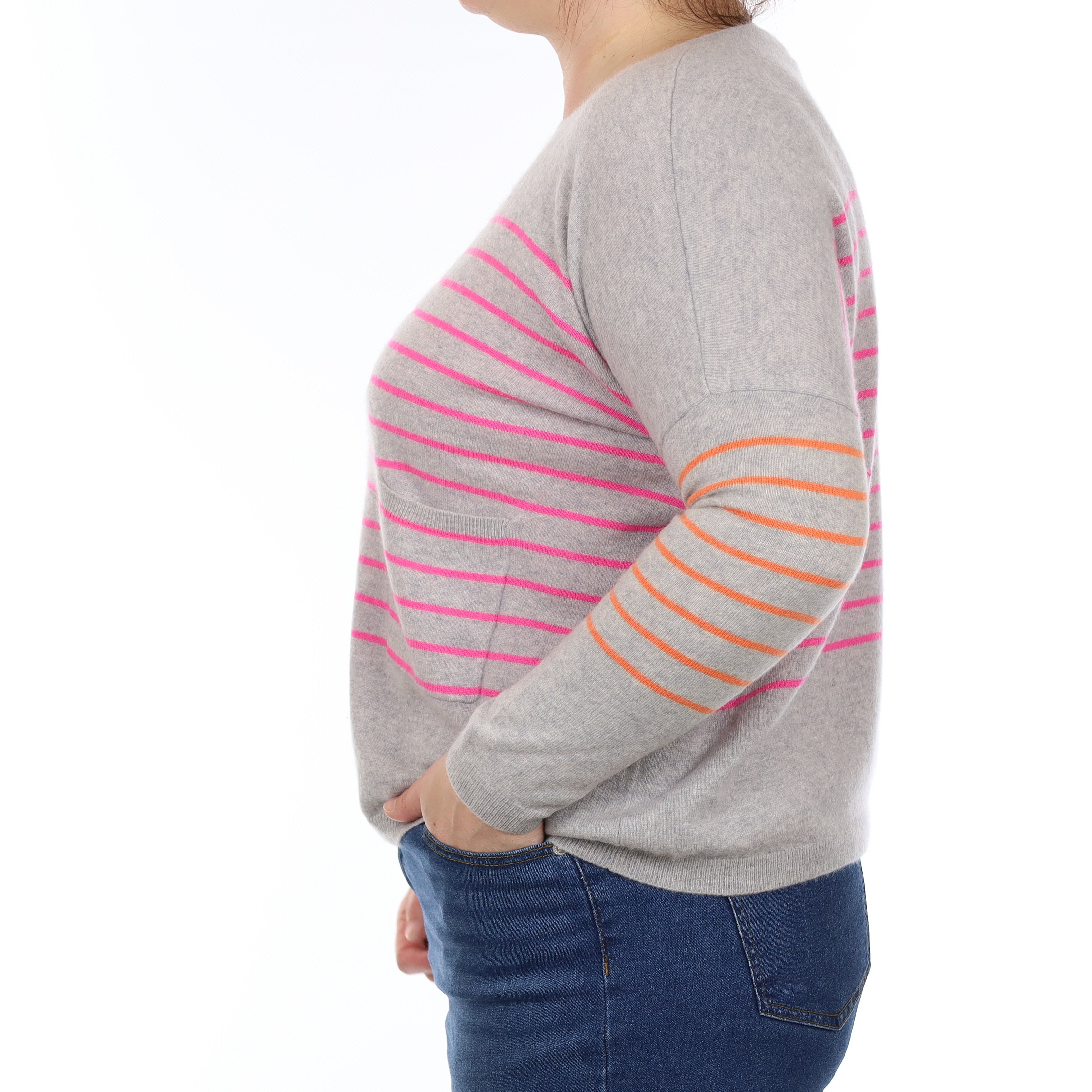 Cocoa Cashmere Grey and Pink Stripe Cashmere Crew Neck Jumper Large