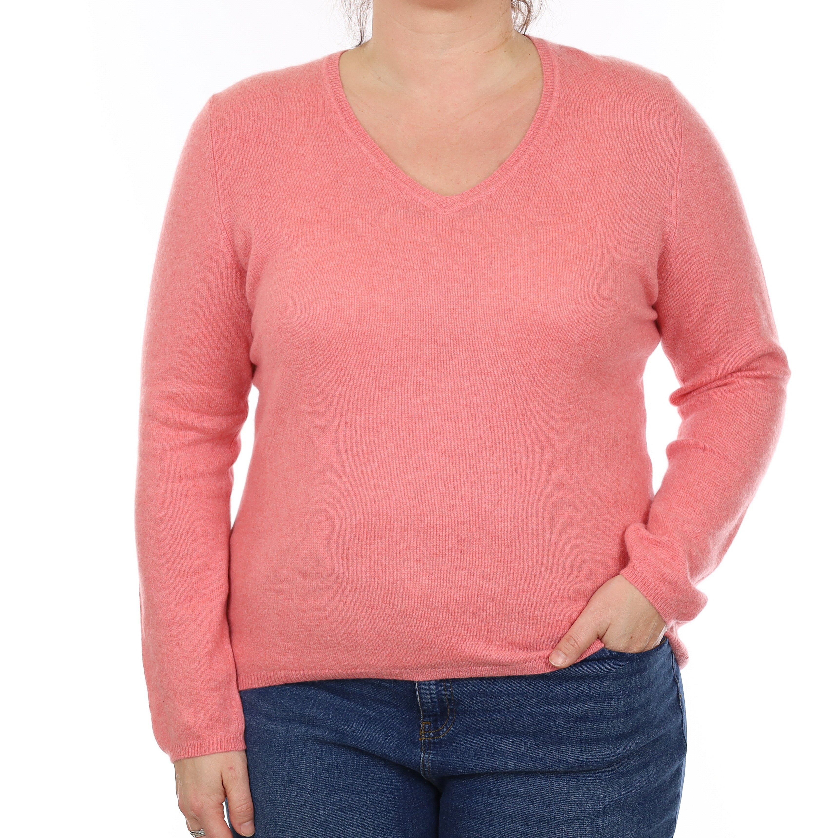 Coral Pink Cashmere V Neck Jumper Large
