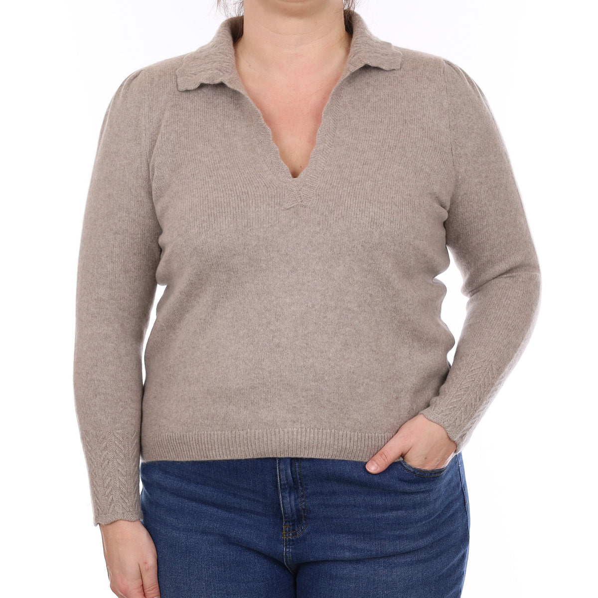 Fawn Heavy Knit Cashmere Collared V Neck Jumper Large
