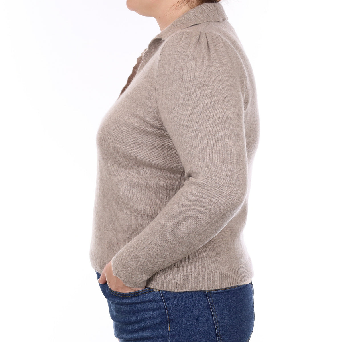 Fawn Heavy Knit Cashmere Collared V Neck Jumper Large