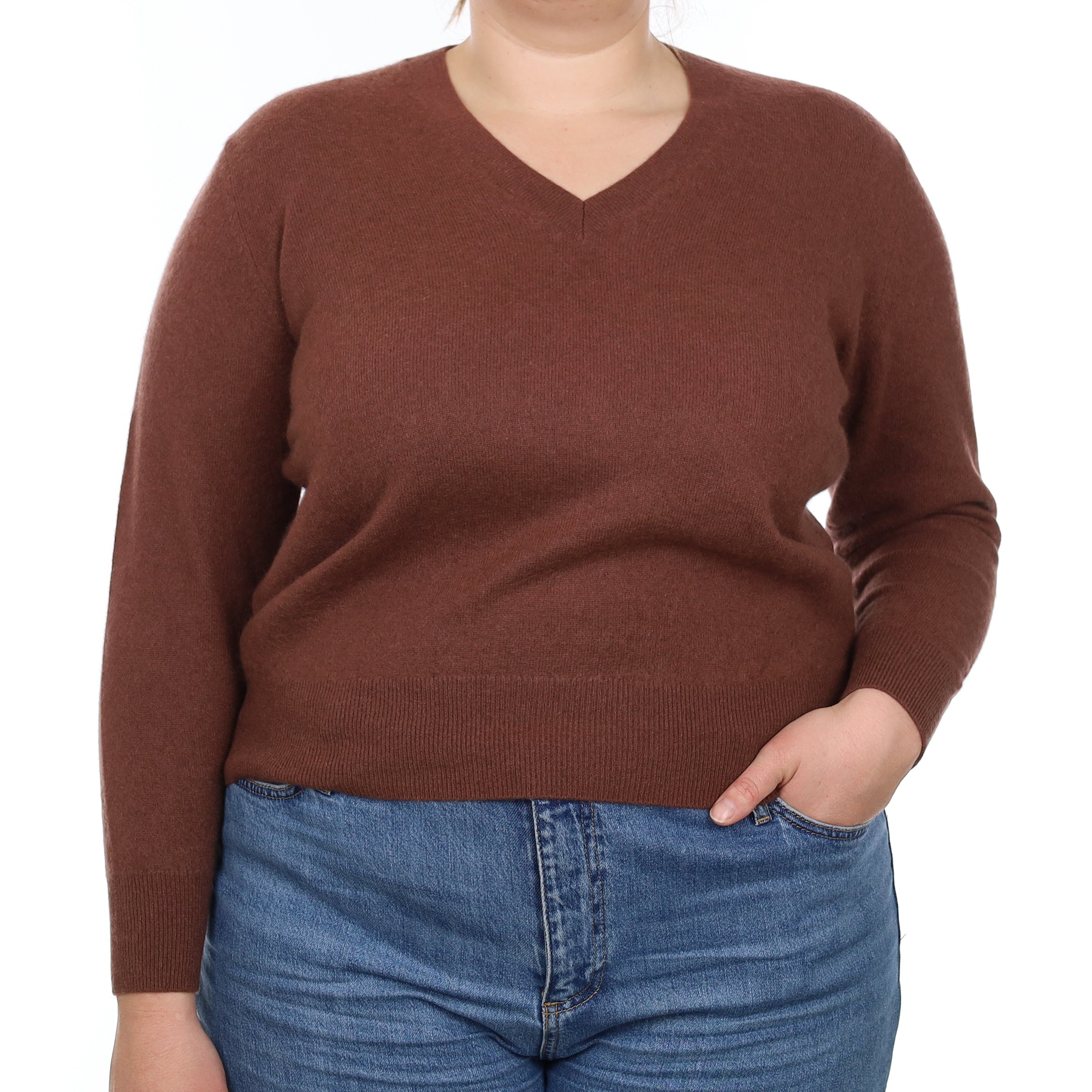 Pecan Brown Cashmere V Neck Jumper Large