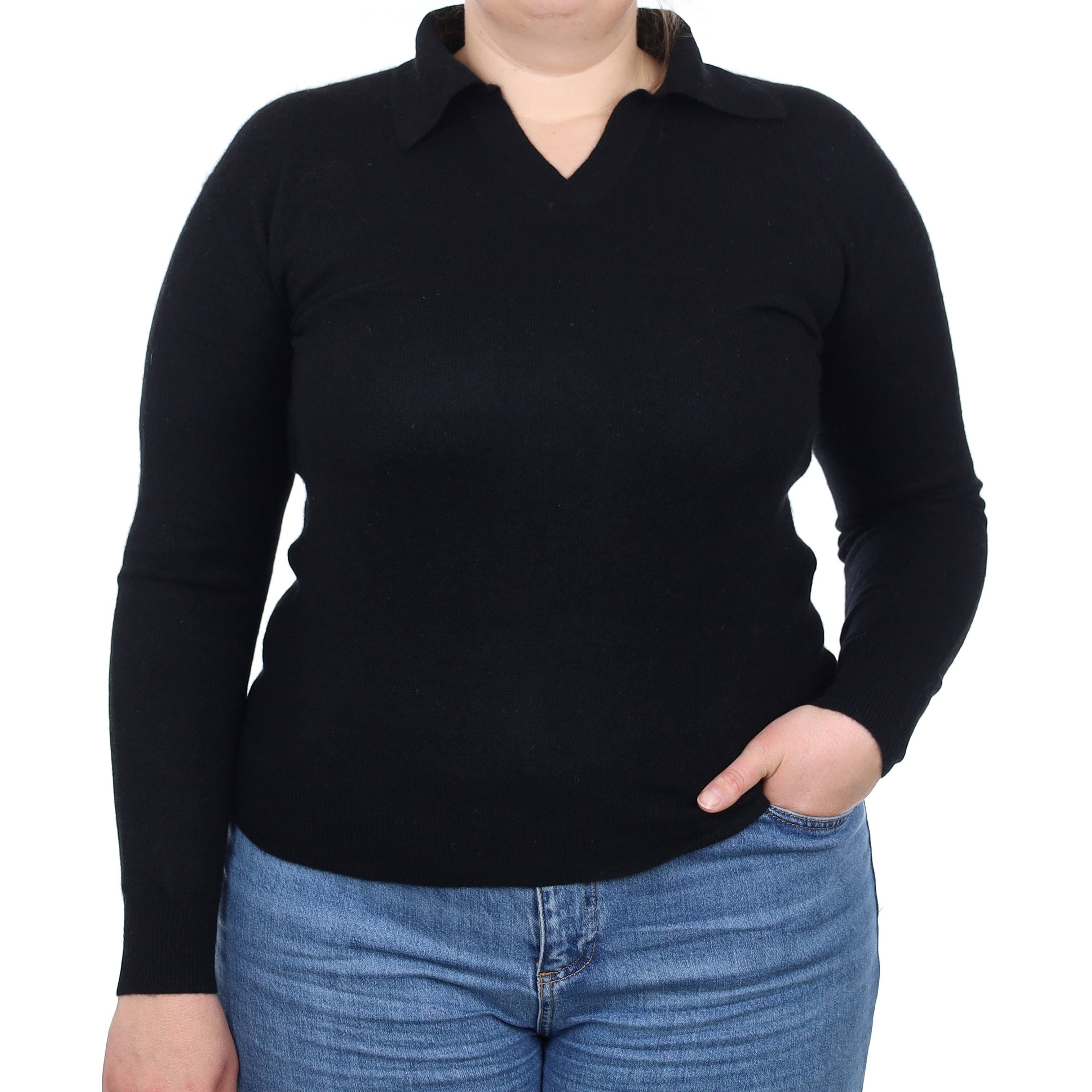 Black Cashmere Collared V Neck Jumper Large