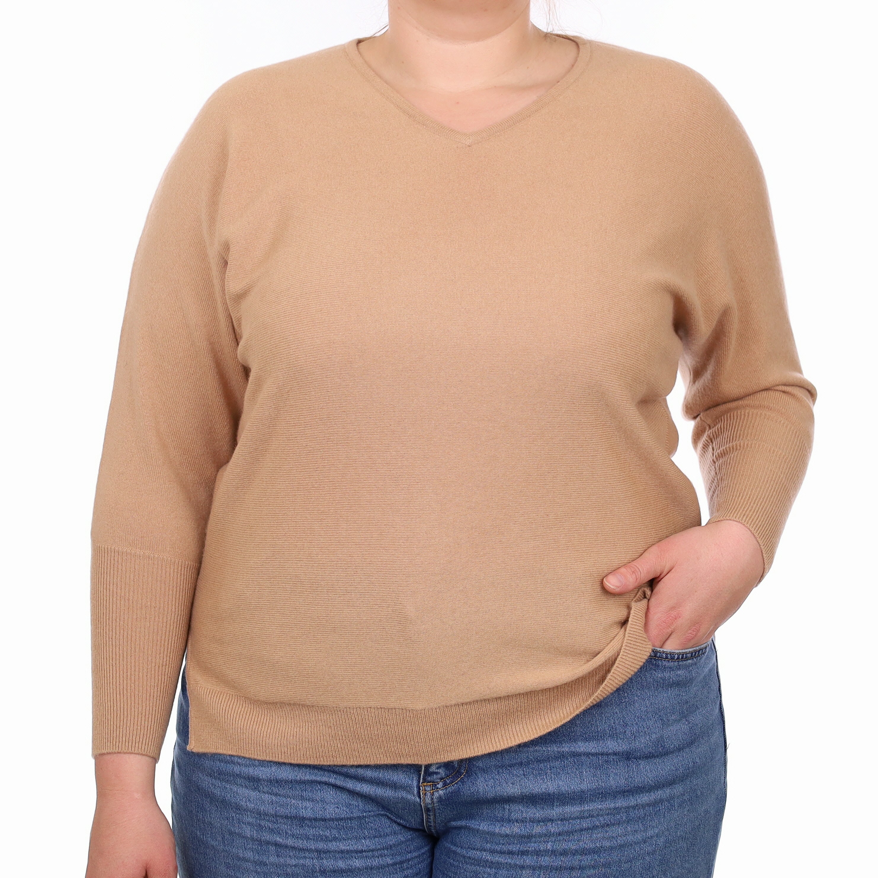 Caramel Brown Cashmere Batwing V Neck Jumper Large