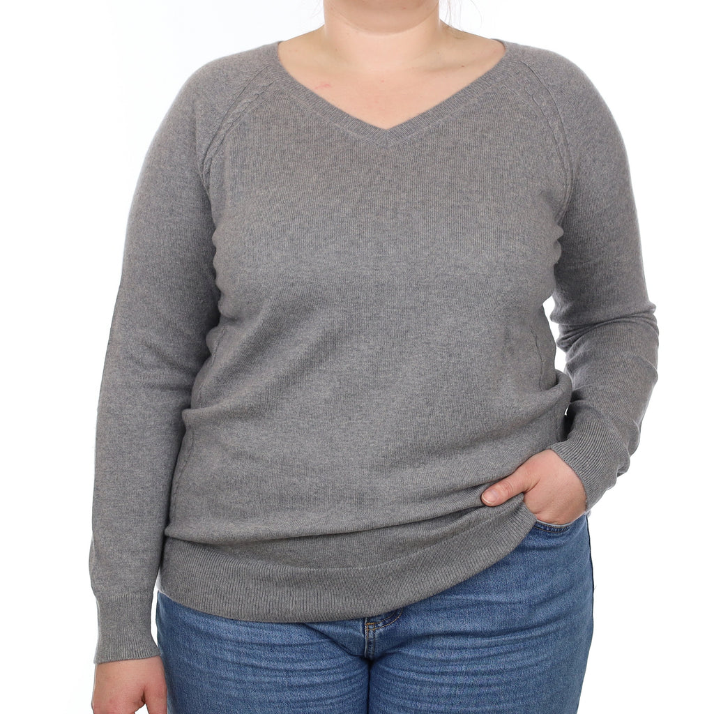 Ash Grey Cable Detail Cashmere V Neck Jumper Large