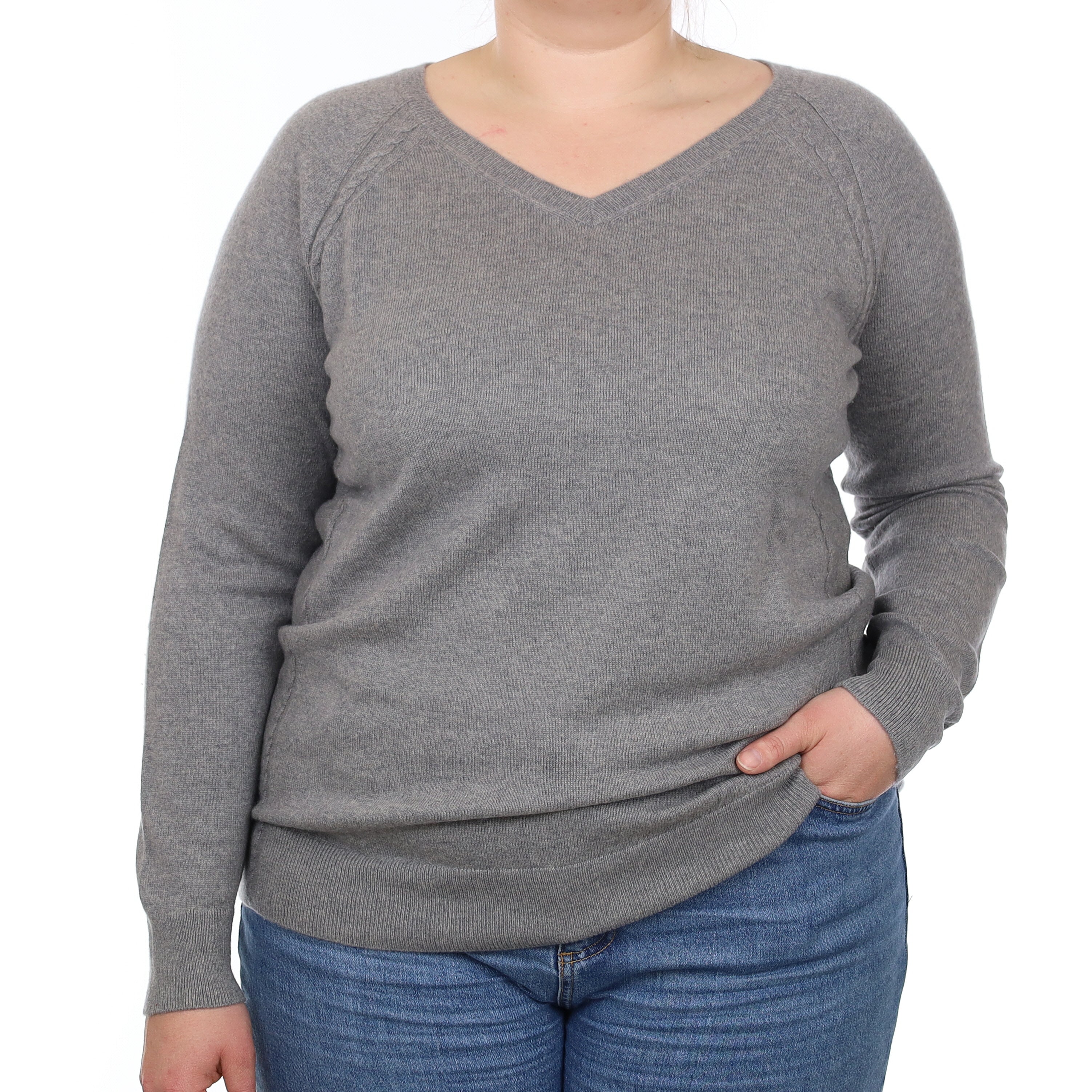 Ash Grey Cable Detail Cashmere V Neck Jumper Large