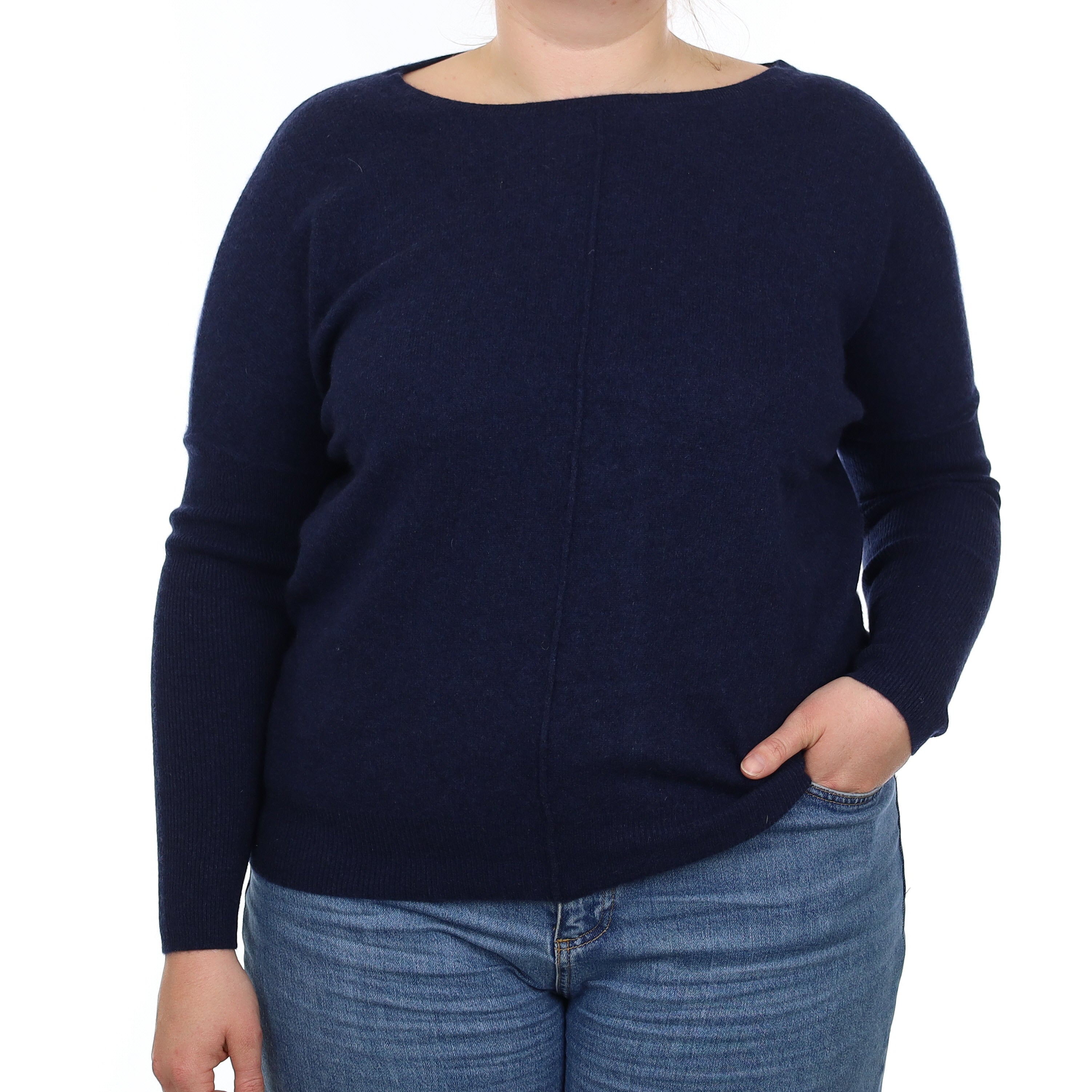 Navy Cashmere Button Back Crew Neck Jumper Large