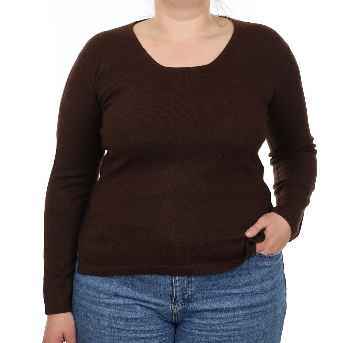 Chocolate Brown Cashmere Scoop Neck Jumper Large