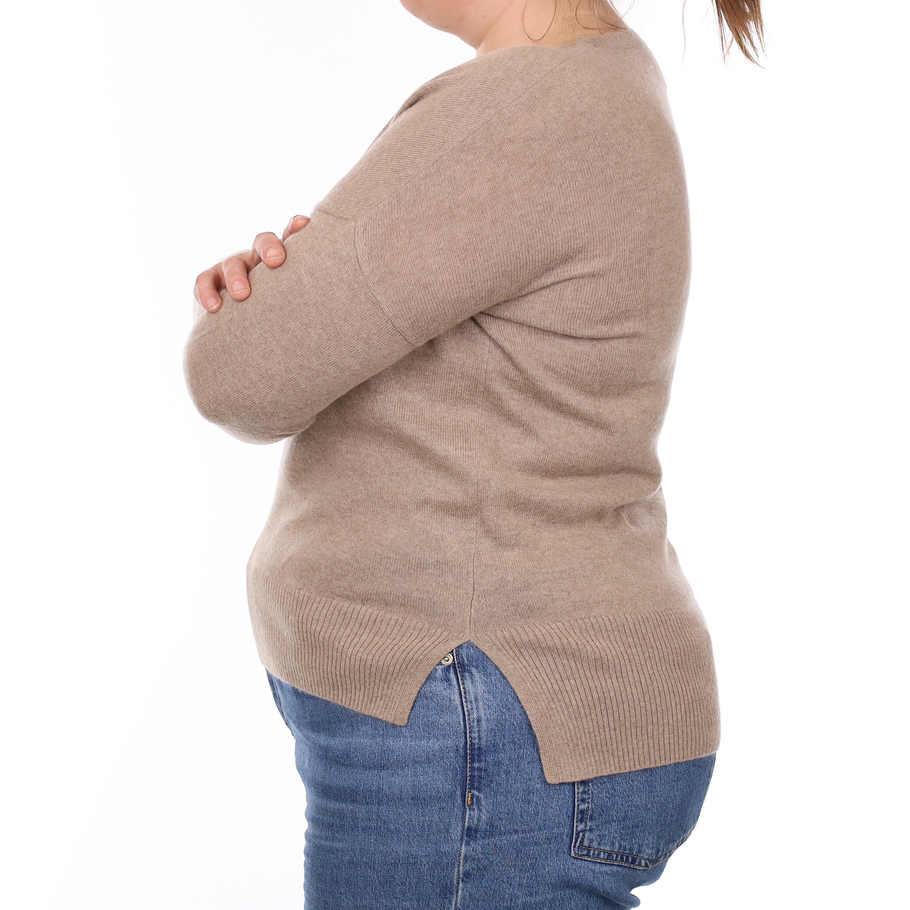 Taupe Brown Cashmere Batwing Crew Neck Jumper Large