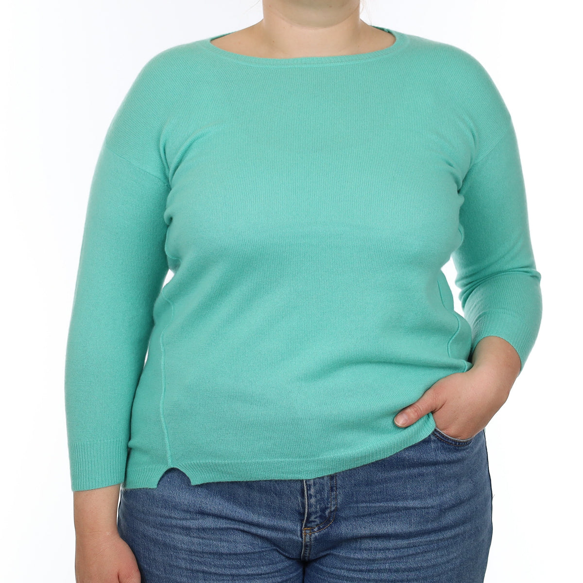 Deep Mint Green Cashmere 3/4 Sleeve Crew Neck Jumper Large