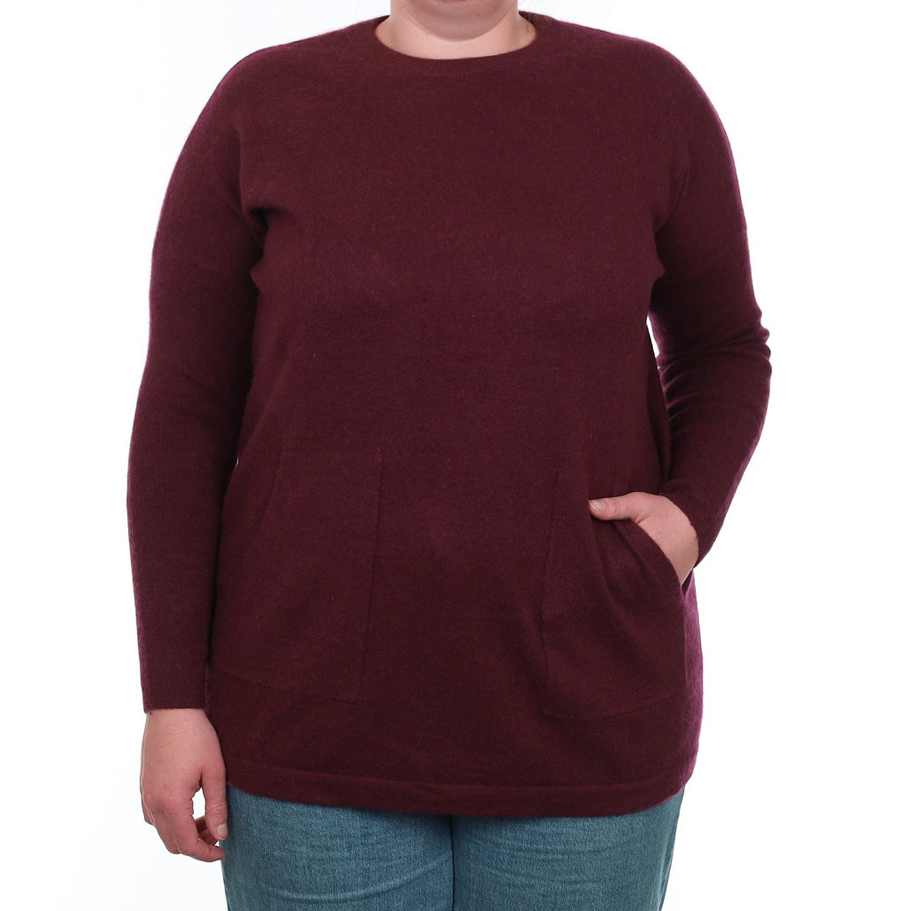 Wine Red Cashmere Longline Crew Neck Jumper with Pockets Large