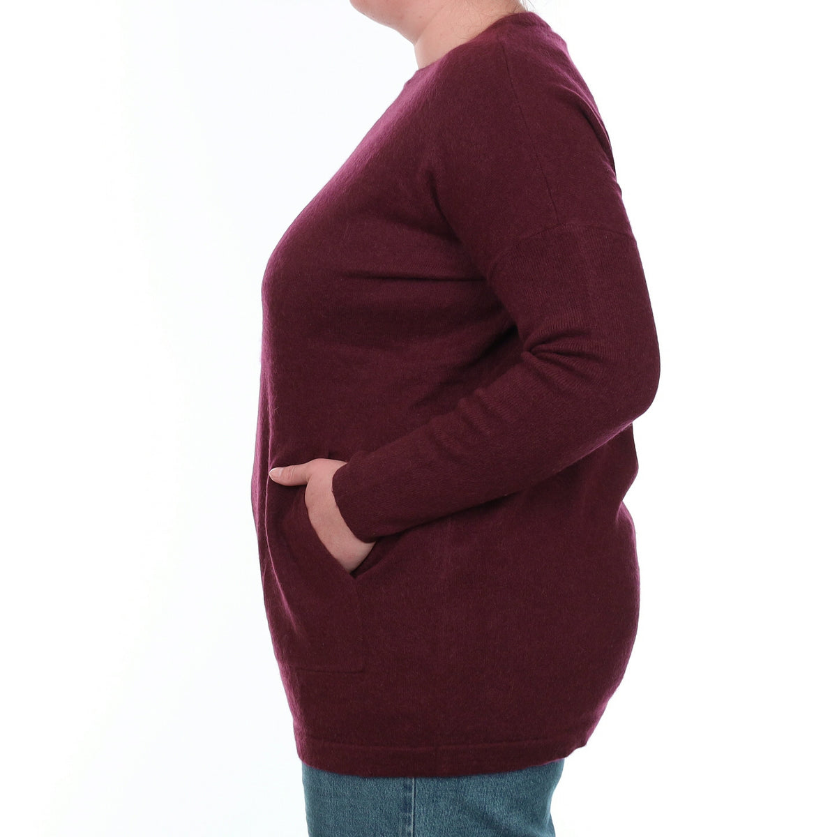 Wine Red Cashmere Longline Crew Neck Jumper with Pockets Large