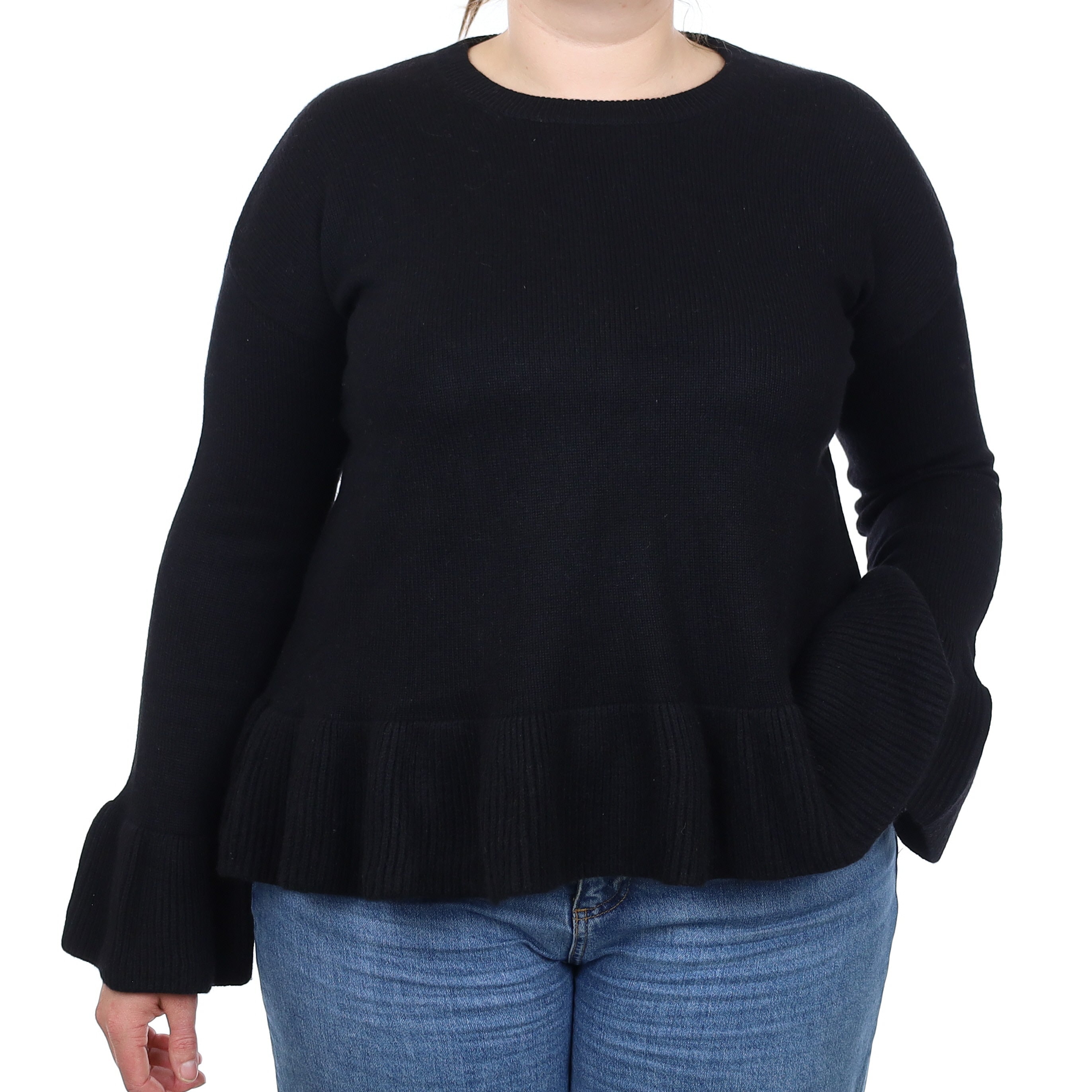 Black Heavy Knit Cashmere Peplum Crew Neck Jumper Large