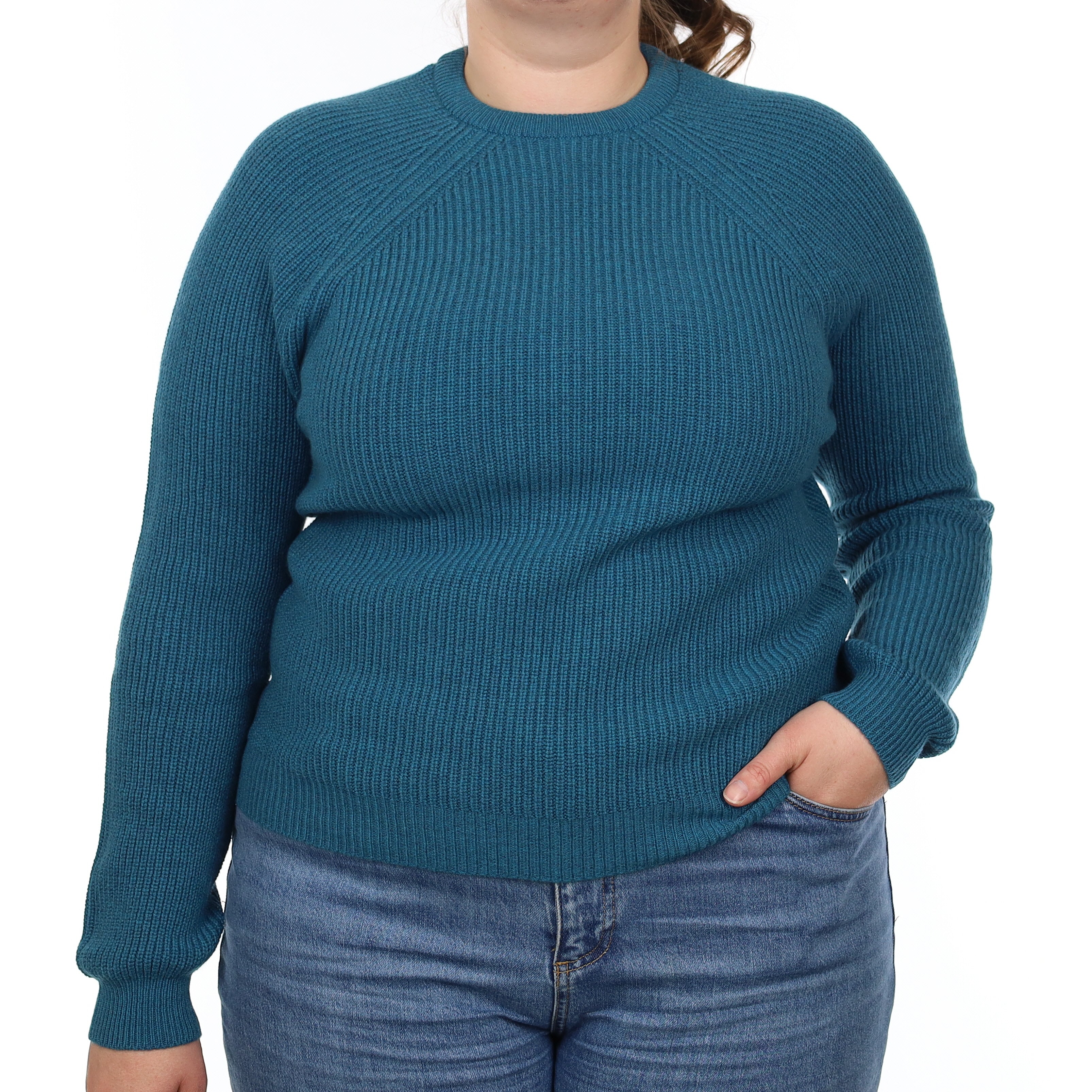 Brand New Scottish Teal Blue Chunky Cashmere Crew Neck Jumper Large