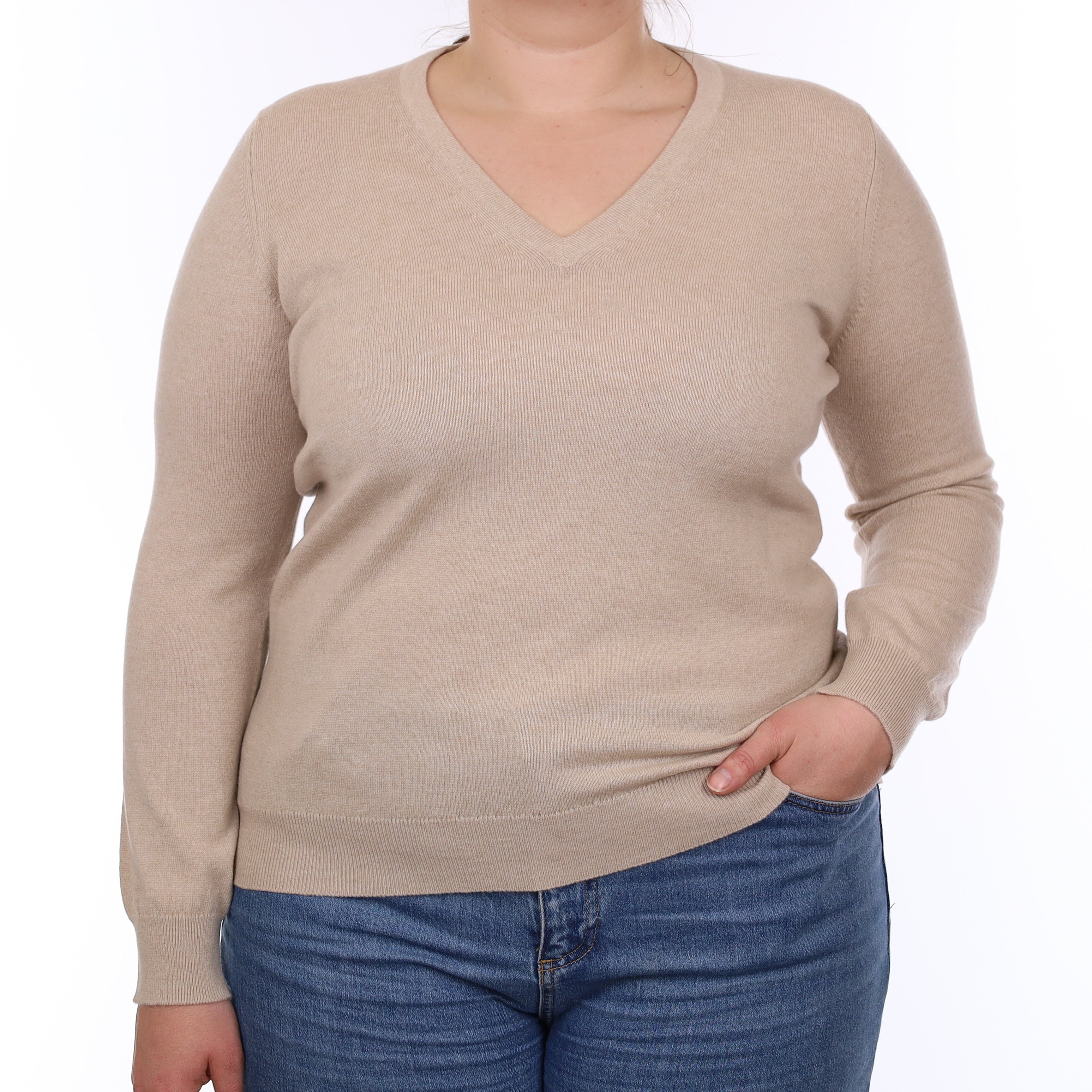 Brand New Scottish Pale Fawn Cashmere V Neck Jumper Large