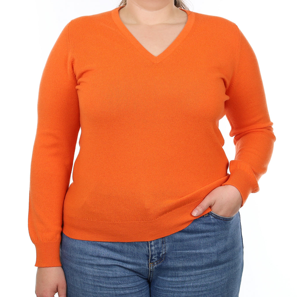 Brand New Scottish Tangerine Orange Cashmere V Neck Jumper Large