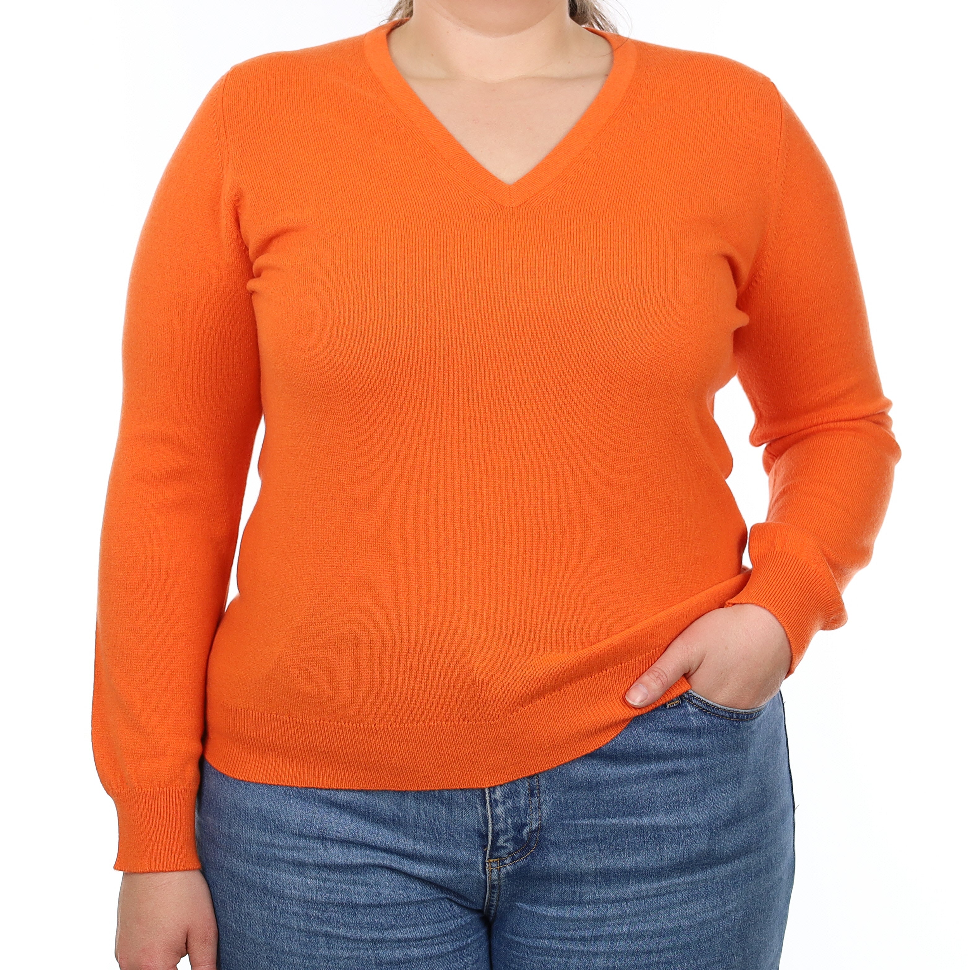 Brand New Scottish Tangerine Orange Cashmere V Neck Jumper Large