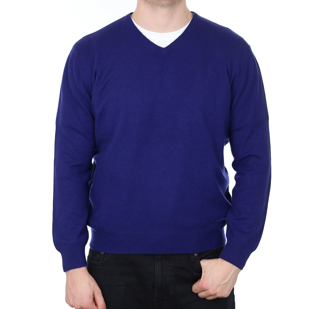 Men's Indigo Blue Cashmere V Neck Jumper XL