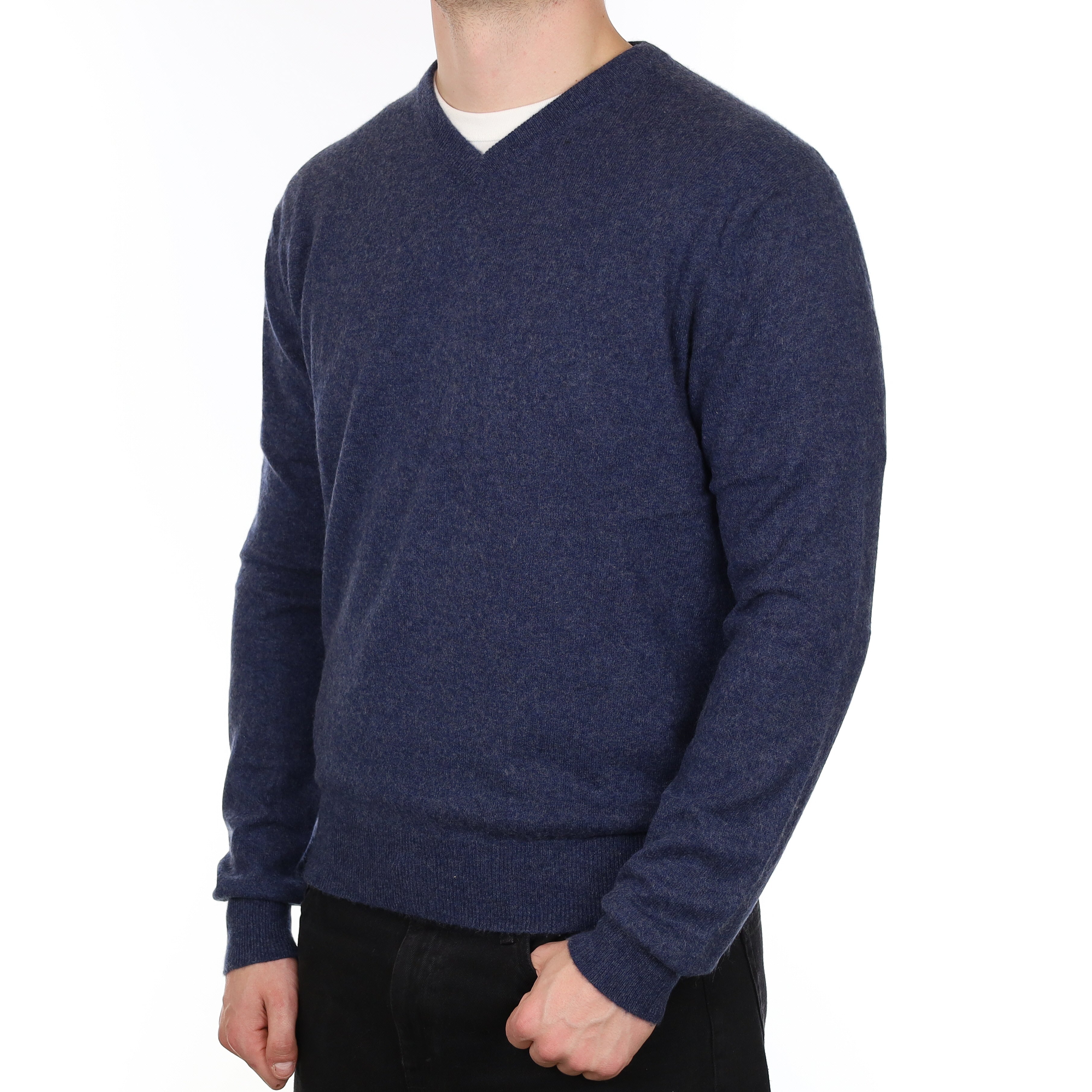 Men's Naval Blue Marl Cashmere V Neck Jumper XL