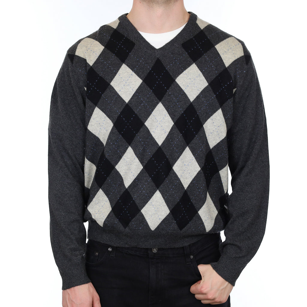 Men's Grey and Black Argyle Cashmere V Neck Jumper XL