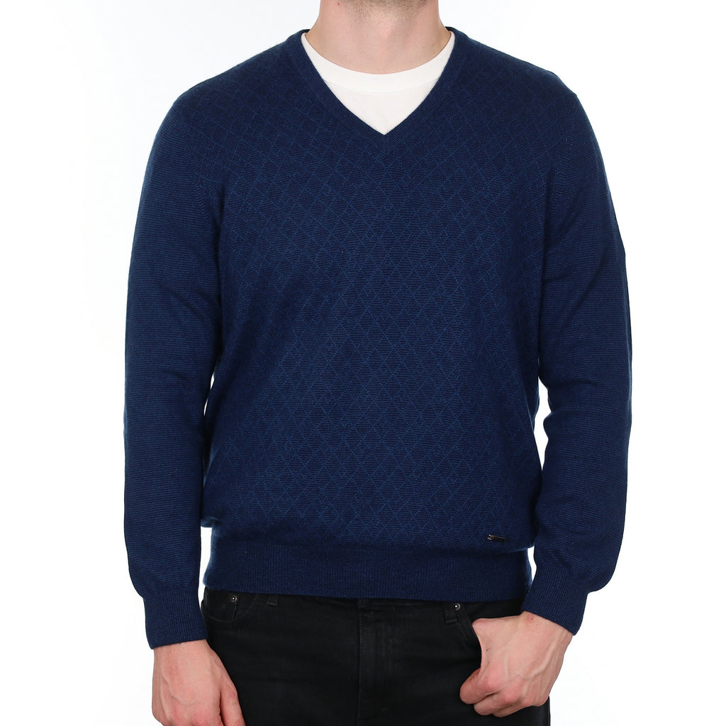 Men's Navy Diamond Pattern Cashmere V Neck Jumper XL