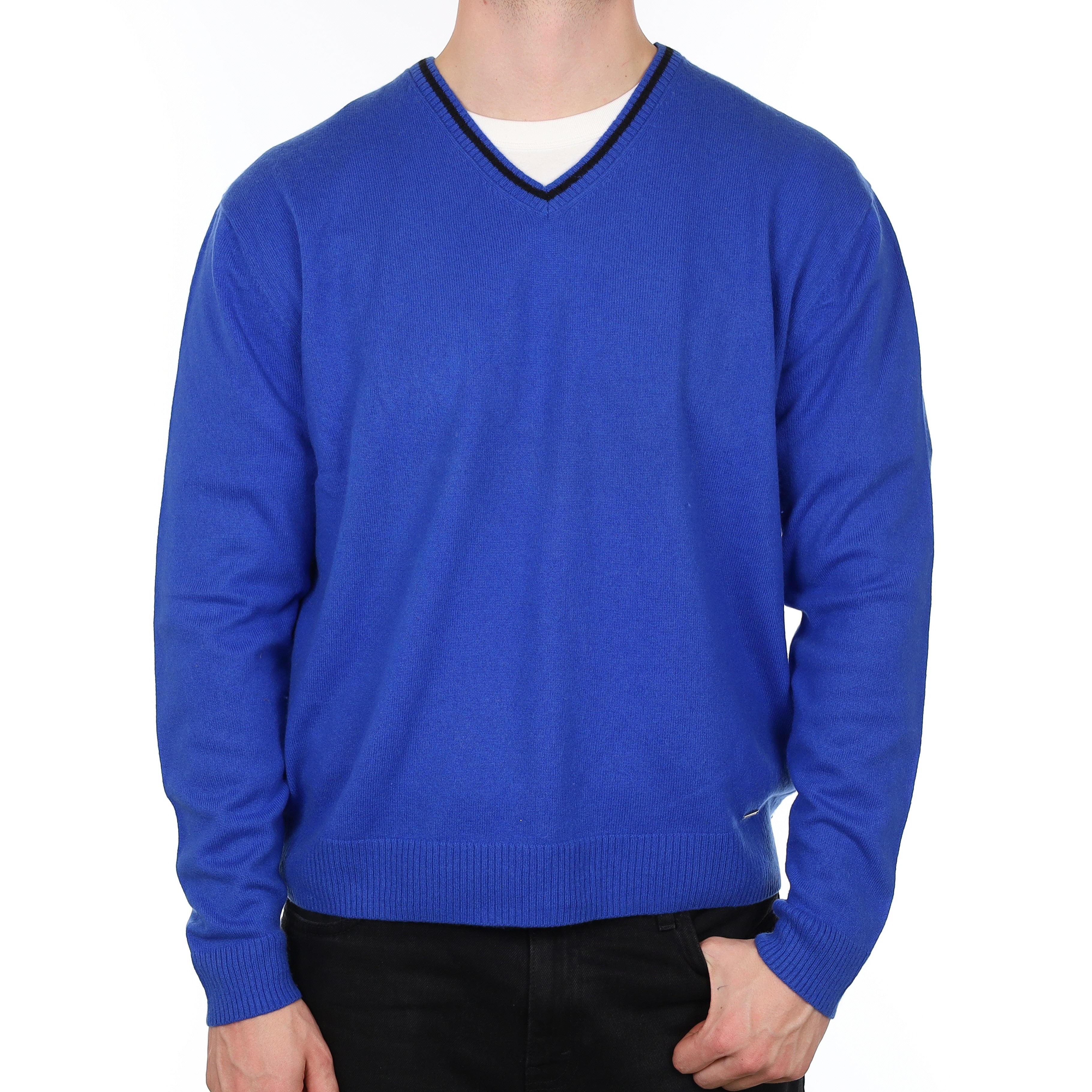Men's Cobalt Blue Cashmere V Neck Golf Jumper XL