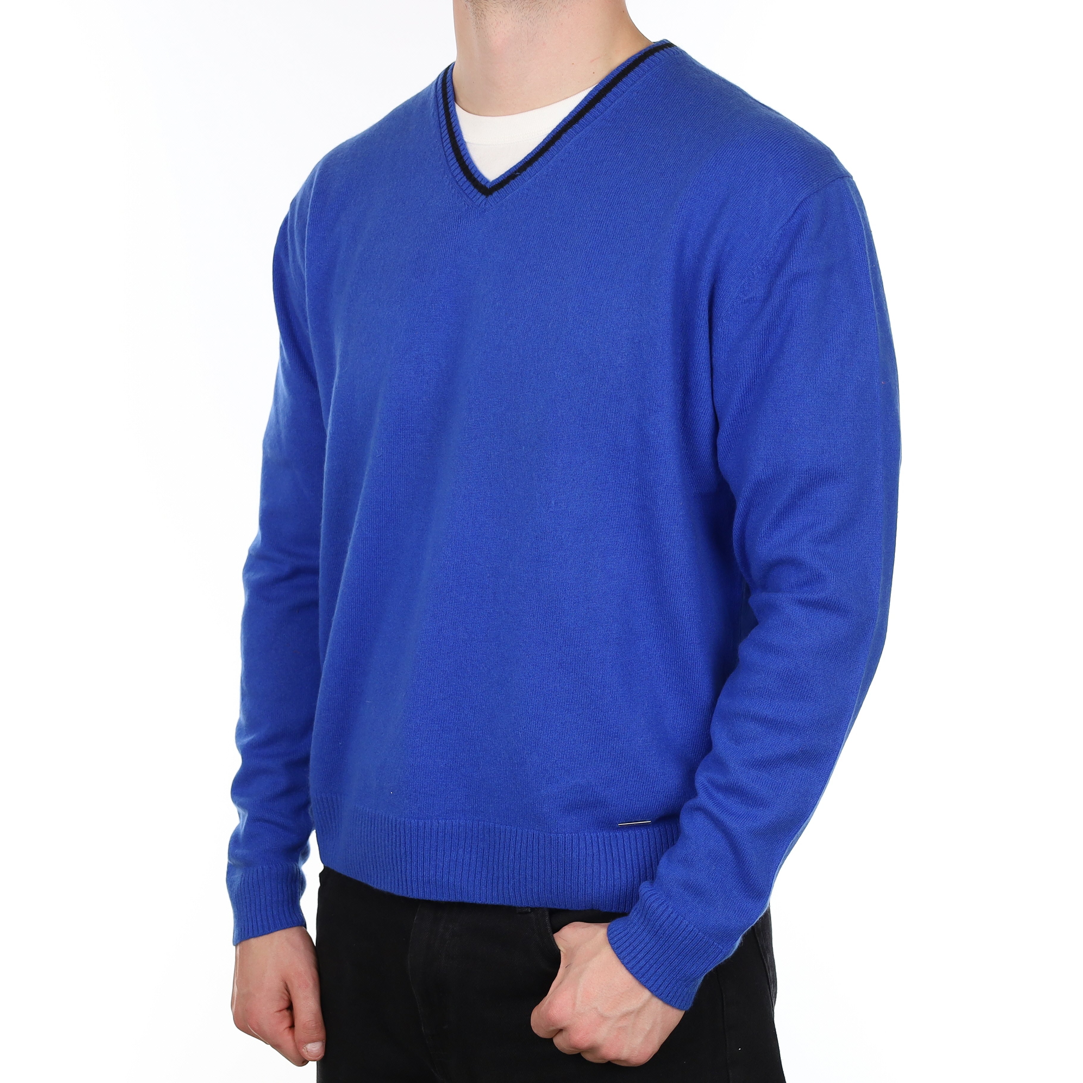 Men's Cobalt Blue Cashmere V Neck Golf Jumper XL