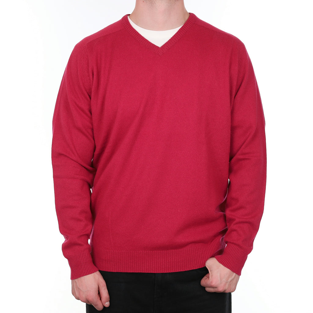 Men's Raspberry Red Cashmere V Neck Jumper XXL