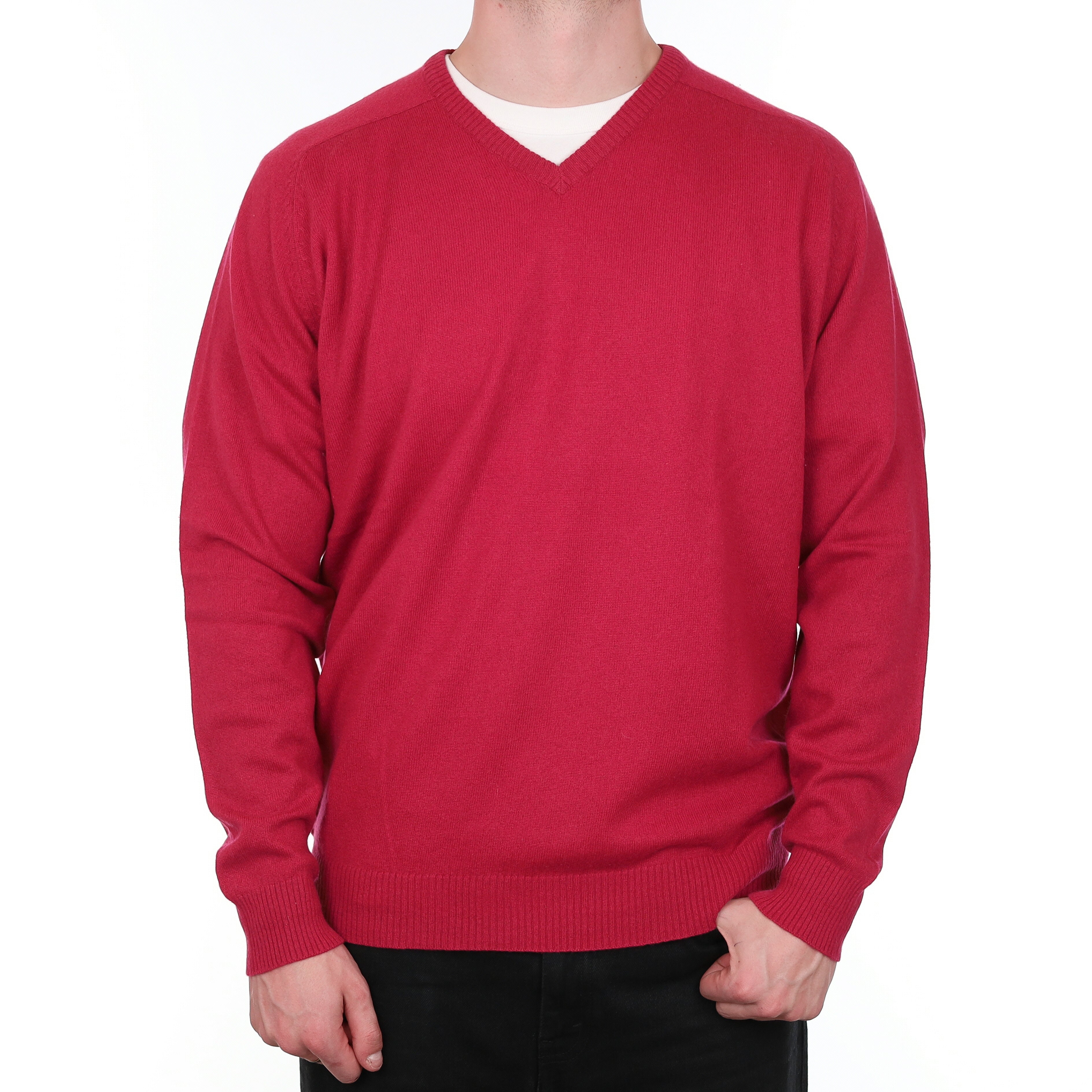 Men's Raspberry Red Cashmere V Neck Jumper XXL
