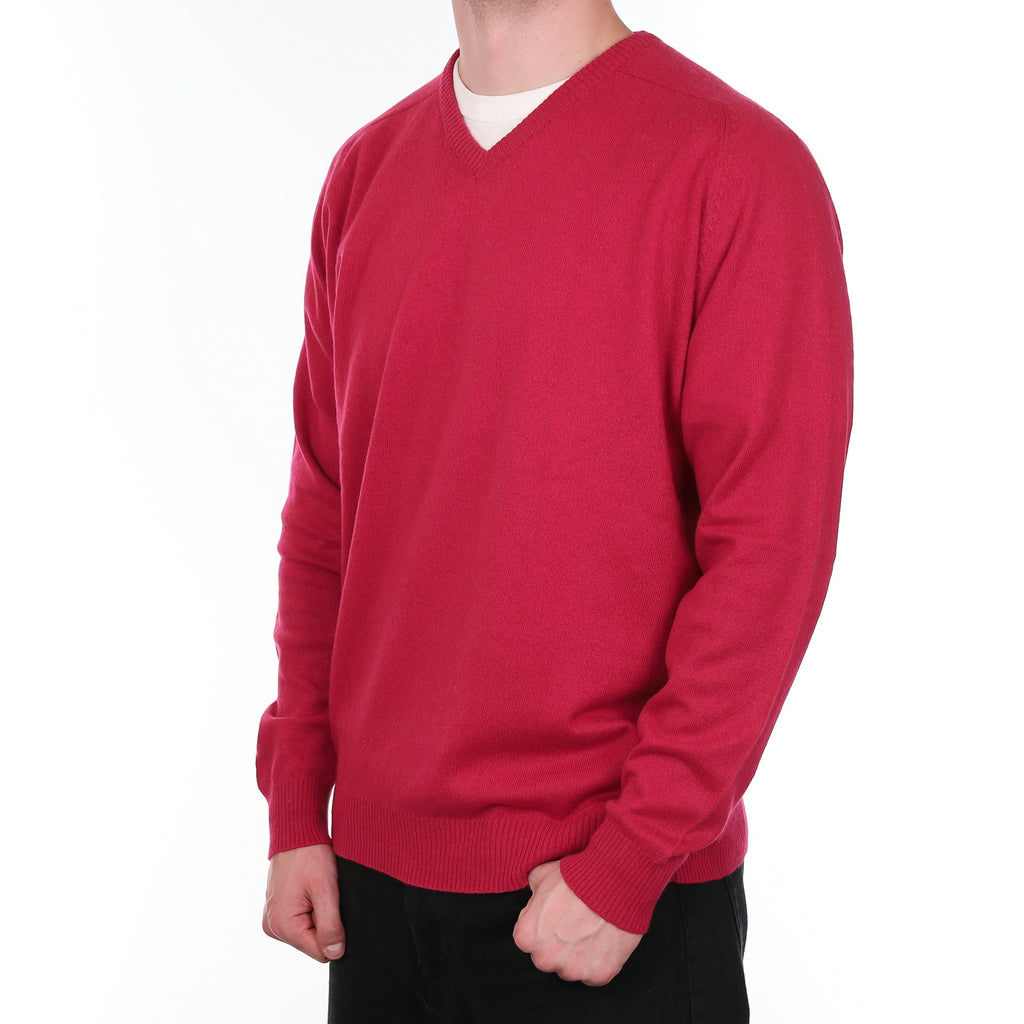 Men's Raspberry Red Cashmere V Neck Jumper XXL