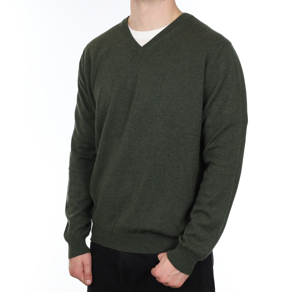 Men's Country Green Marl Cashmere V Neck Jumper XXL