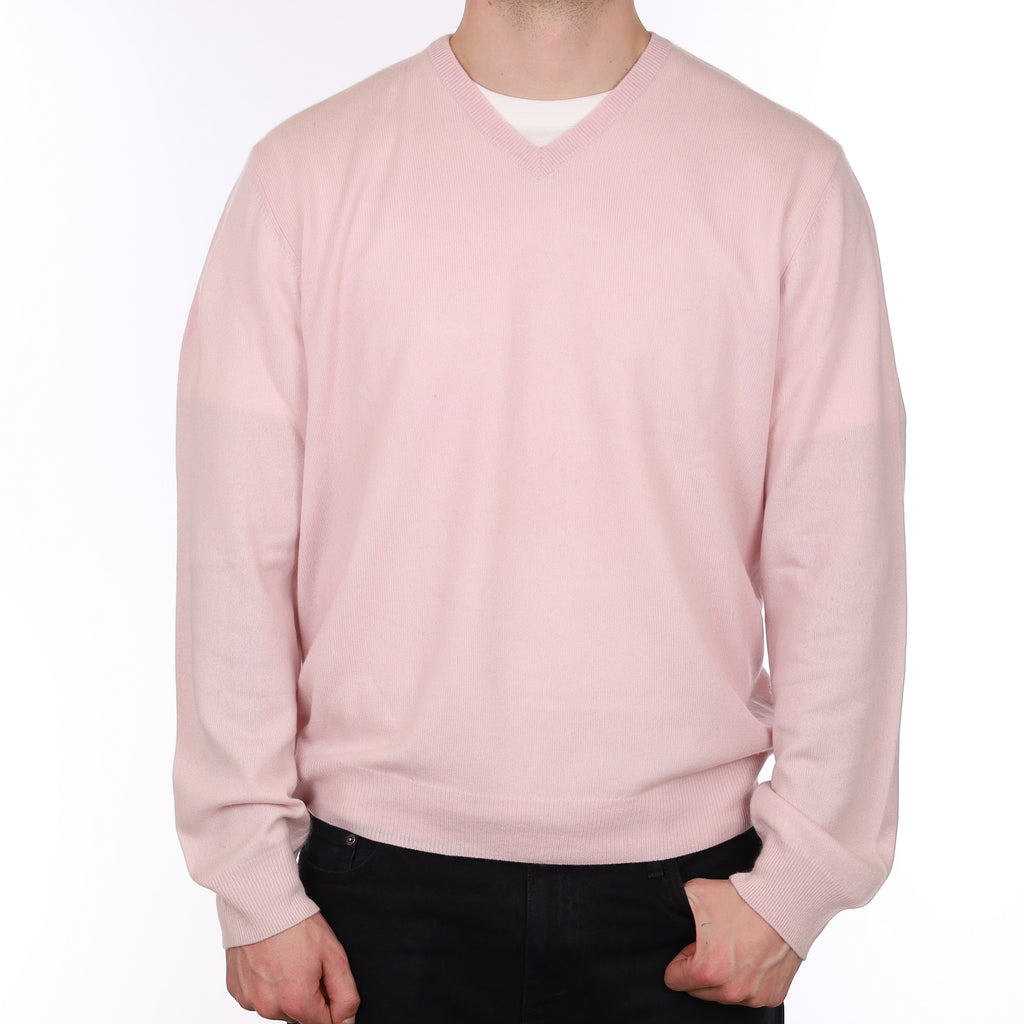 Men's Ice Pink Cashmere V Neck Jumper XXL