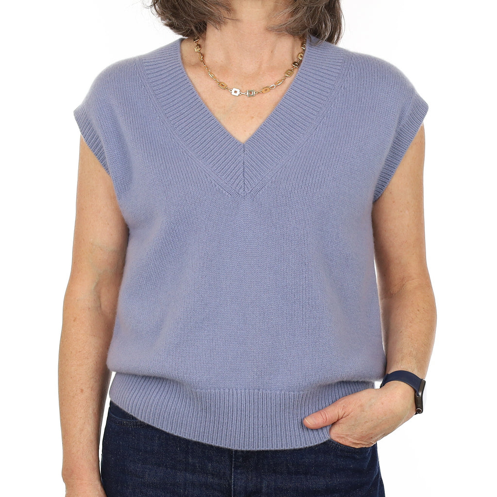 Dusky Blue Chunky Knit Cashmere V Neck Tank Top Medium